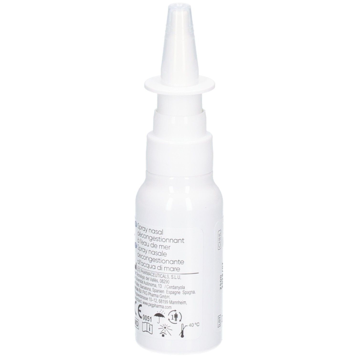 Arrière d'un flacon de spray nasal blanc avec étiquetage multilingue et informations produit.