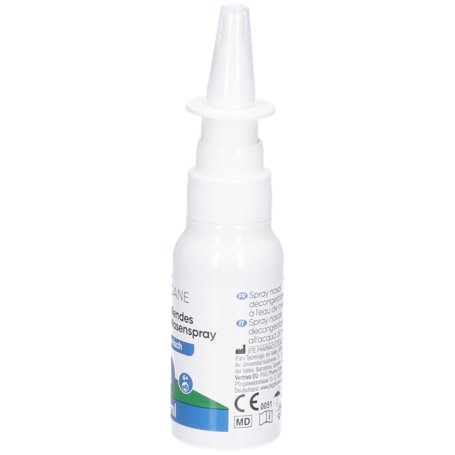 Flacon de spray nasal blanc avec applicateur blanc. Étiquette avec le nom de marque LIVSANE et infos produit.