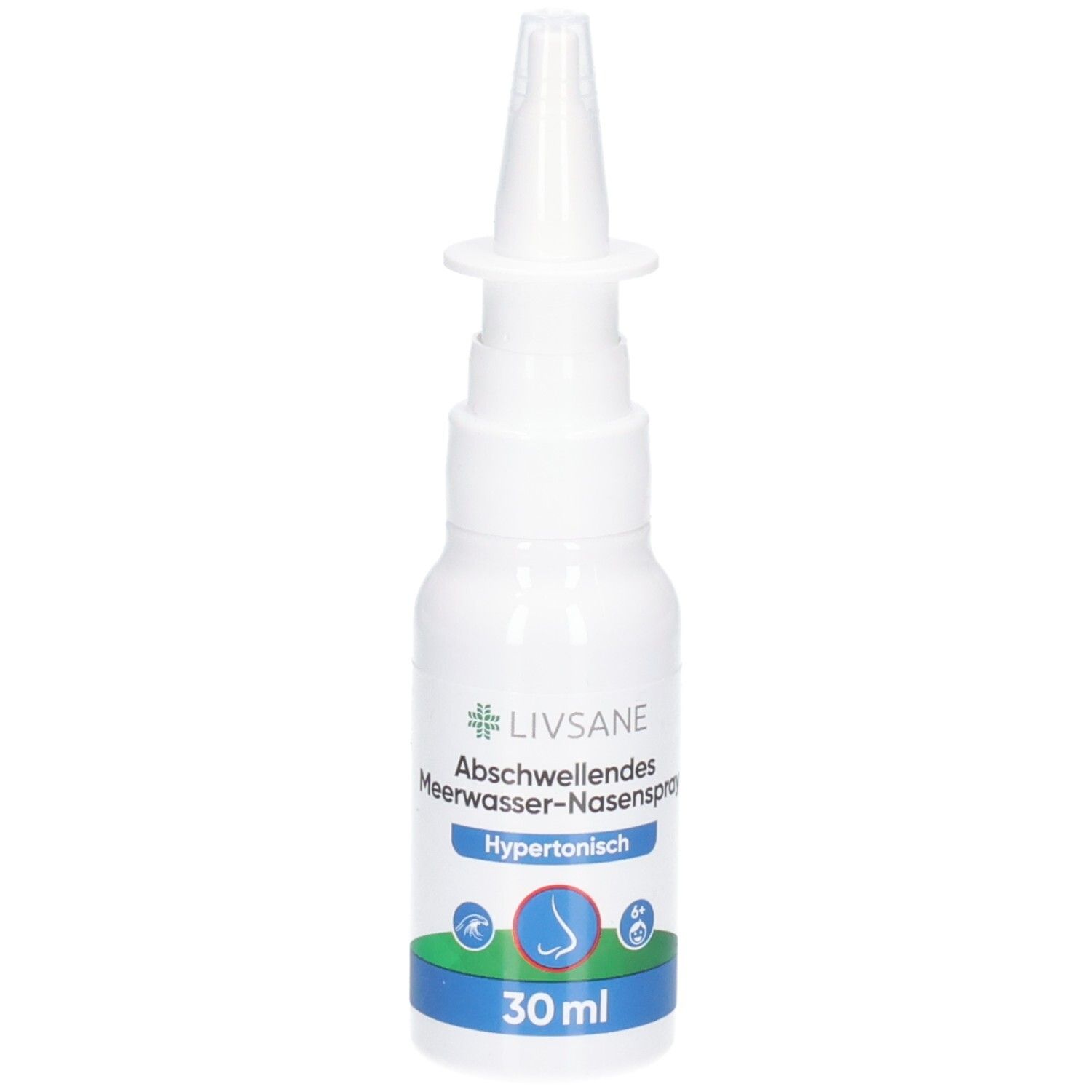 Spray nasal LIVSANE à l'eau de mer hypertonique. Flacon blanc avec étiquette bleue et verte, 30ml.