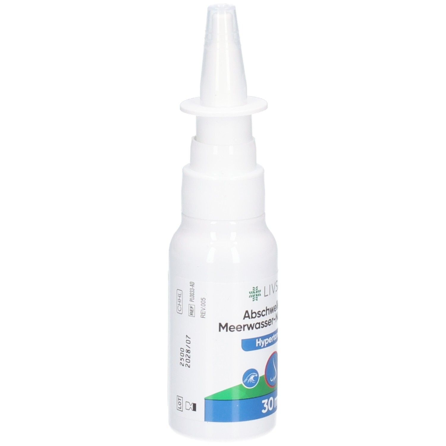 Flacon de spray nasal blanc avec applicateur blanc. Étiquette avec le nom de marque LIVSANE et infos produit.