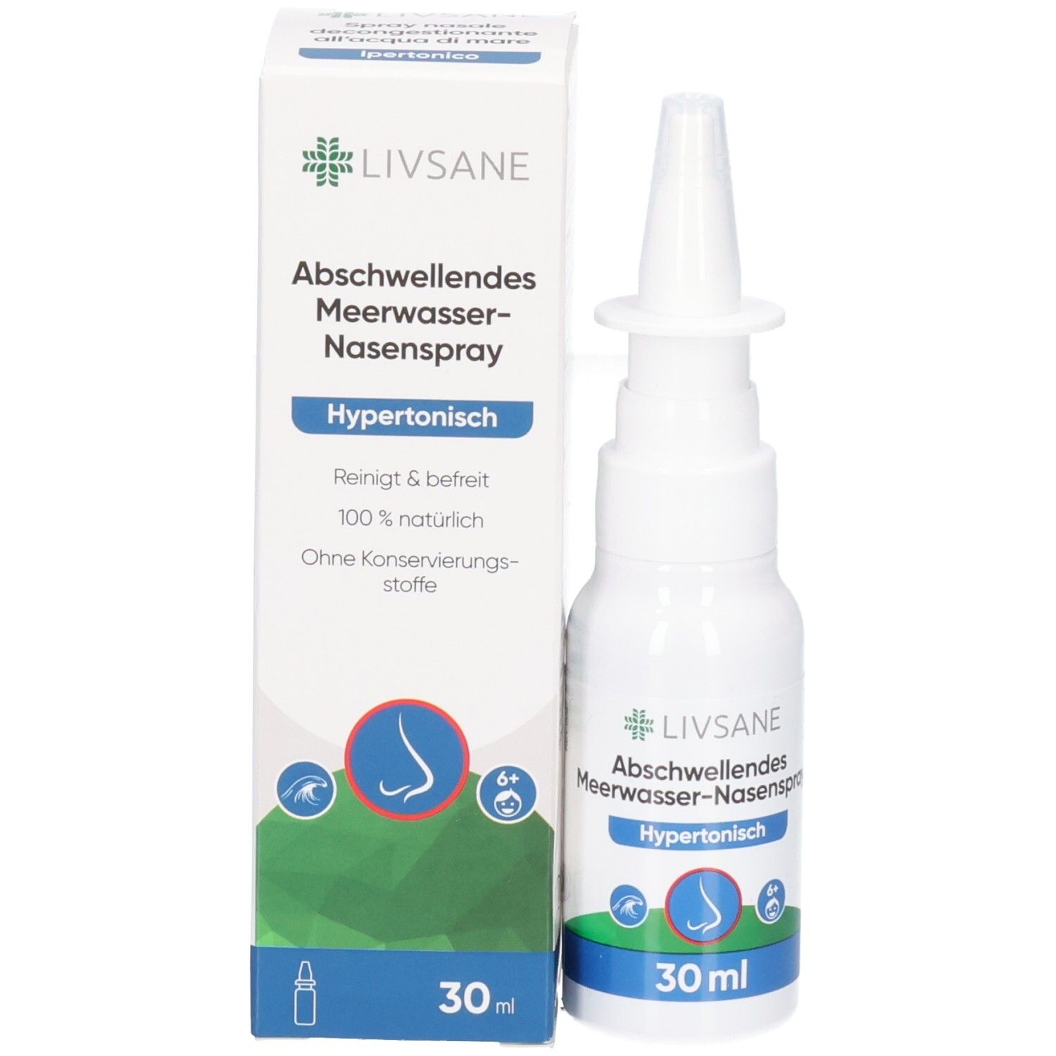 Emballage et flacon de spray nasal LIVSANE. Spray nasal décongestionnant à l'eau de mer, hypertonique, 30ml.