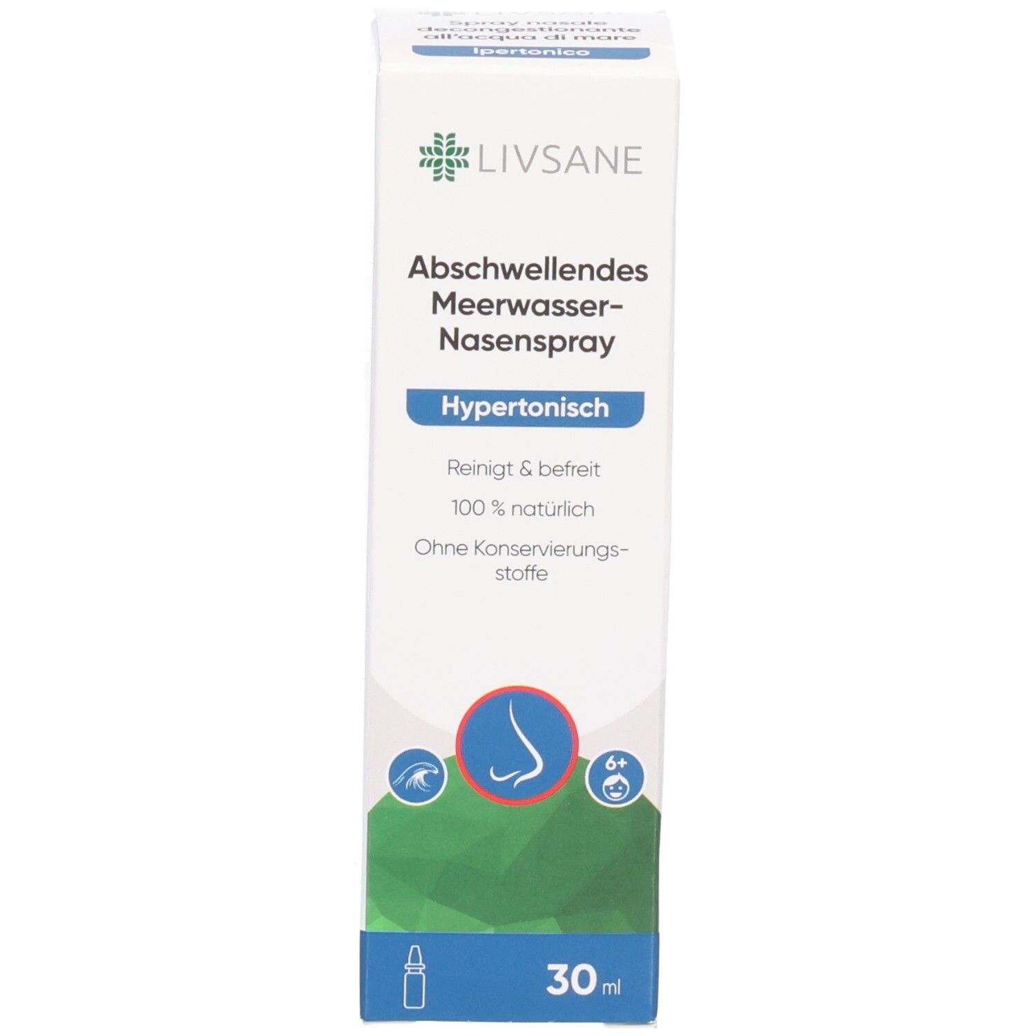 Emballage LIVSANE spray nasal eau de mer décongestionnant. Hypertonique, nettoie et libère, 100% naturel.