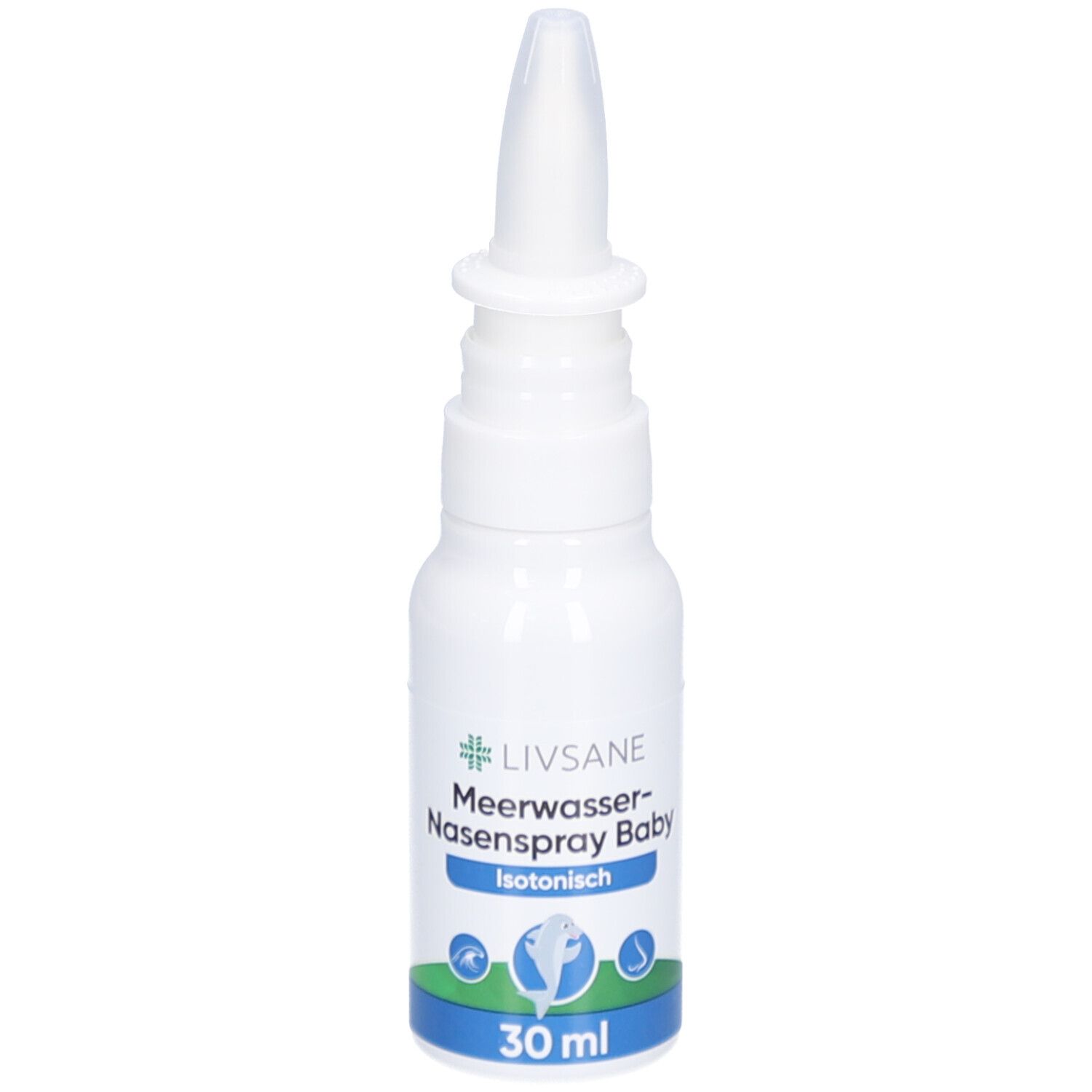 Weiße Flasche mit Nasenspray-Aufsatz. Beschriftung: LIVSANE Meerwasser-Nasenspray Baby Isotonisch. 30 ml.