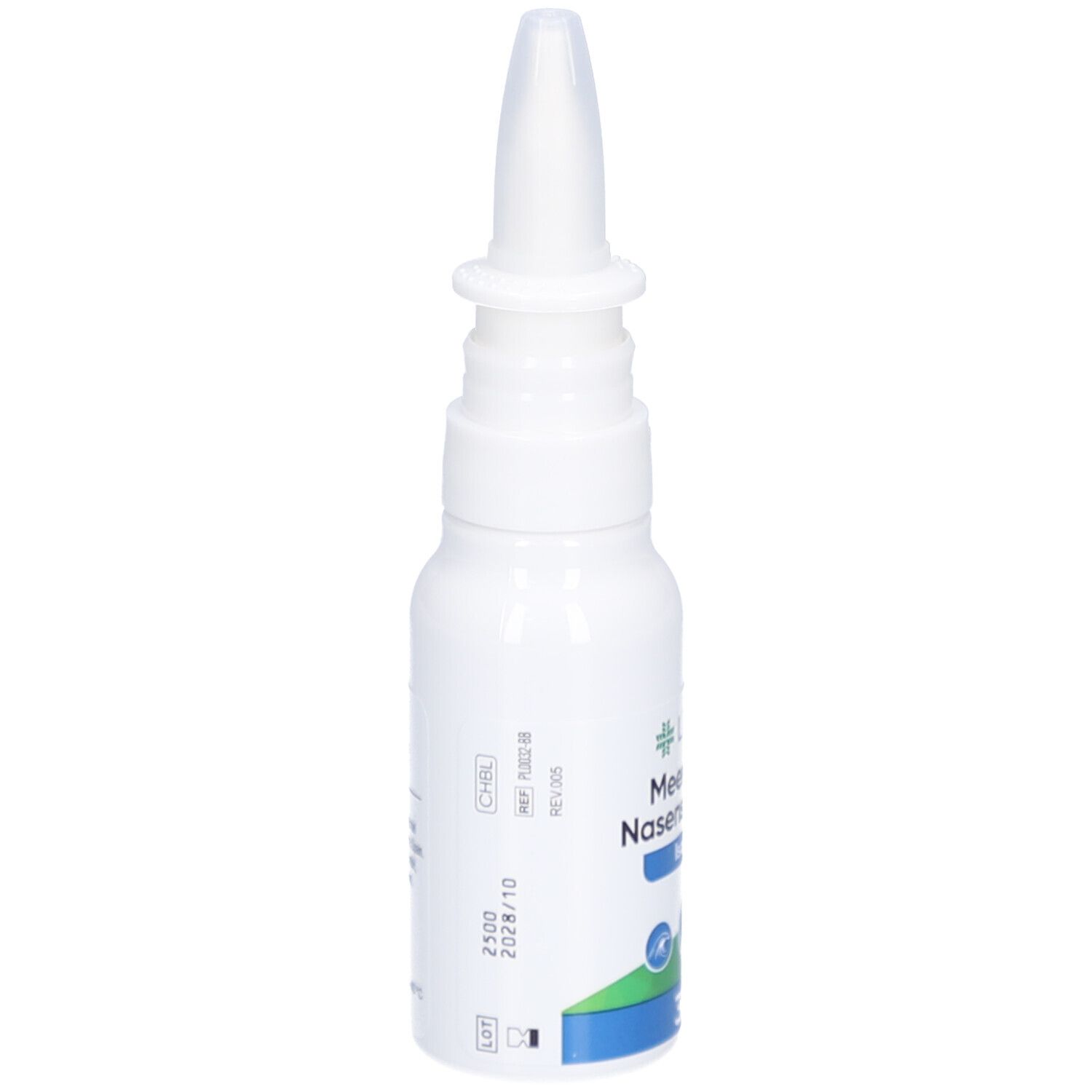 Weiße Flasche mit Nasenspray-Aufsatz. Aufschrift: LIVSANE Meerwasser-Nasenspray Baby Isotonisch. Details und Chargennummer.