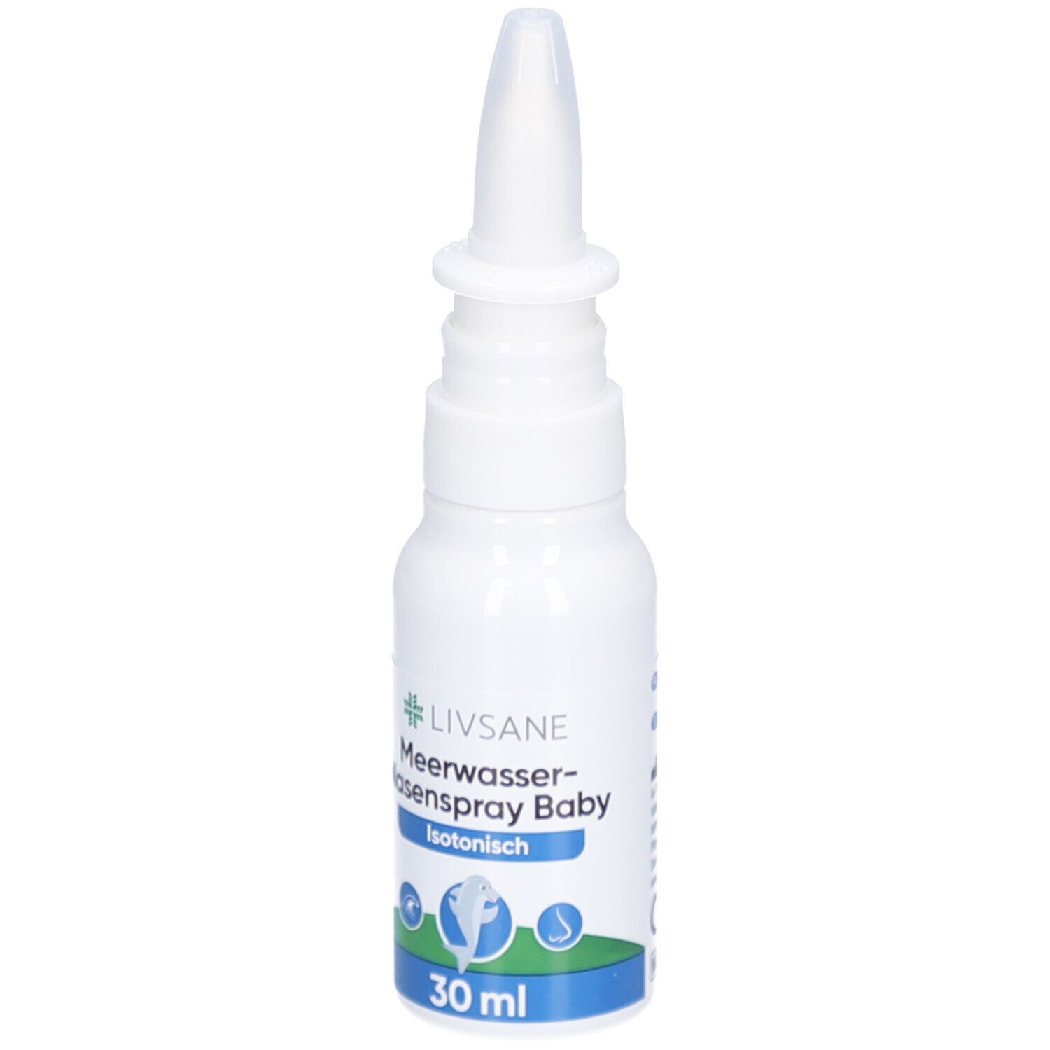 Weiße Flasche mit Nasenspray-Aufsatz. Aufschrift: LIVSANE Meerwasser-Nasenspray Baby Isotonisch. 30 ml.