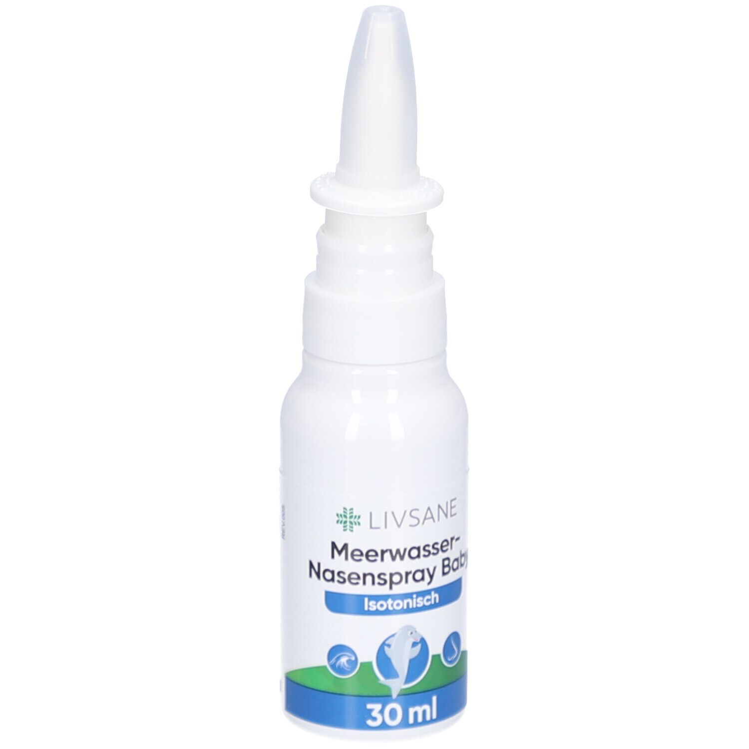 Weiße Flasche mit Nasenspray-Aufsatz. Aufschrift: LIVSANE Meerwasser-Nasenspray Baby Isotonisch. 30 ml.