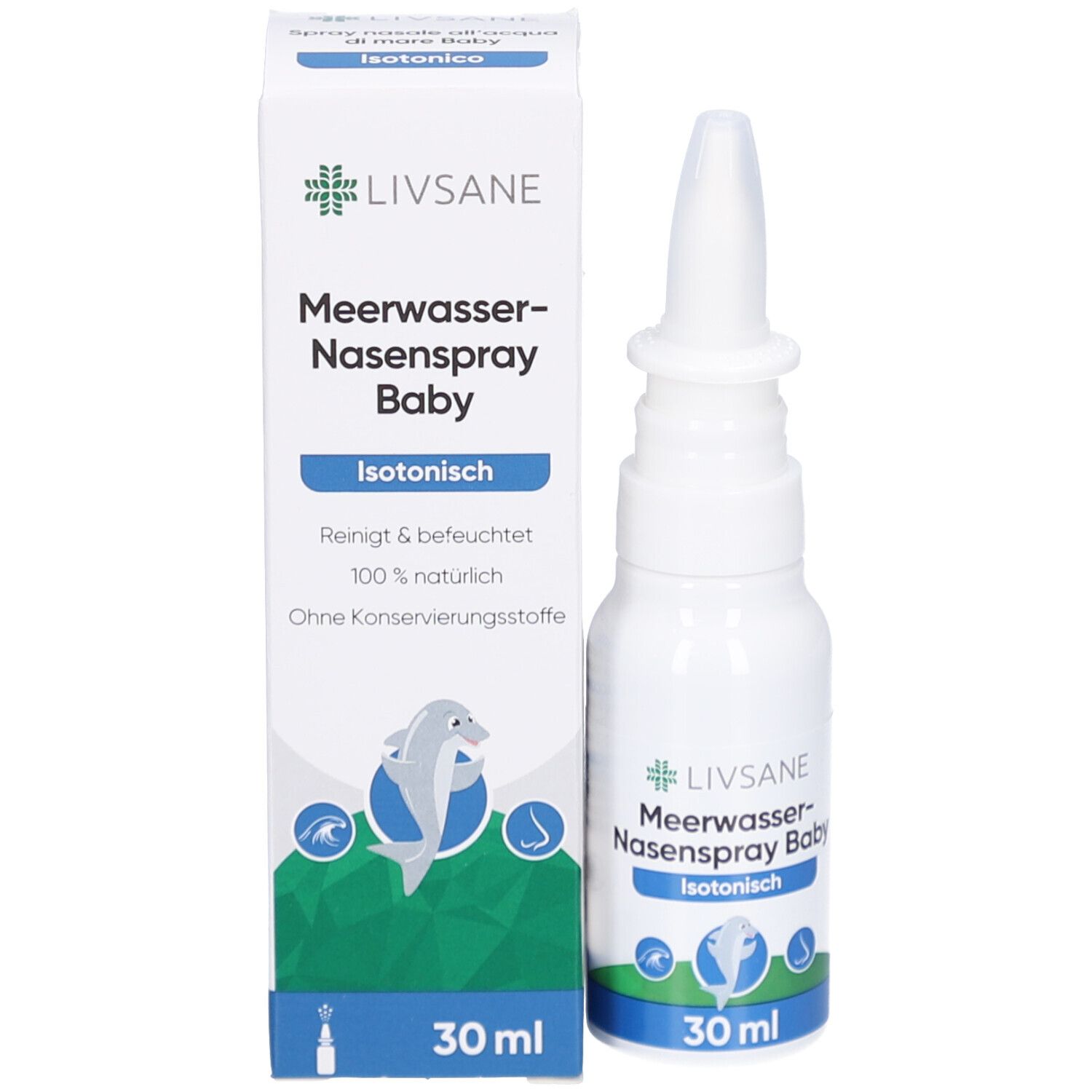 Produktverpackung und Flasche. Verpackung: LIVSANE Meerwasser-Nasenspray Baby Isotonisch. Flasche: 30 ml.