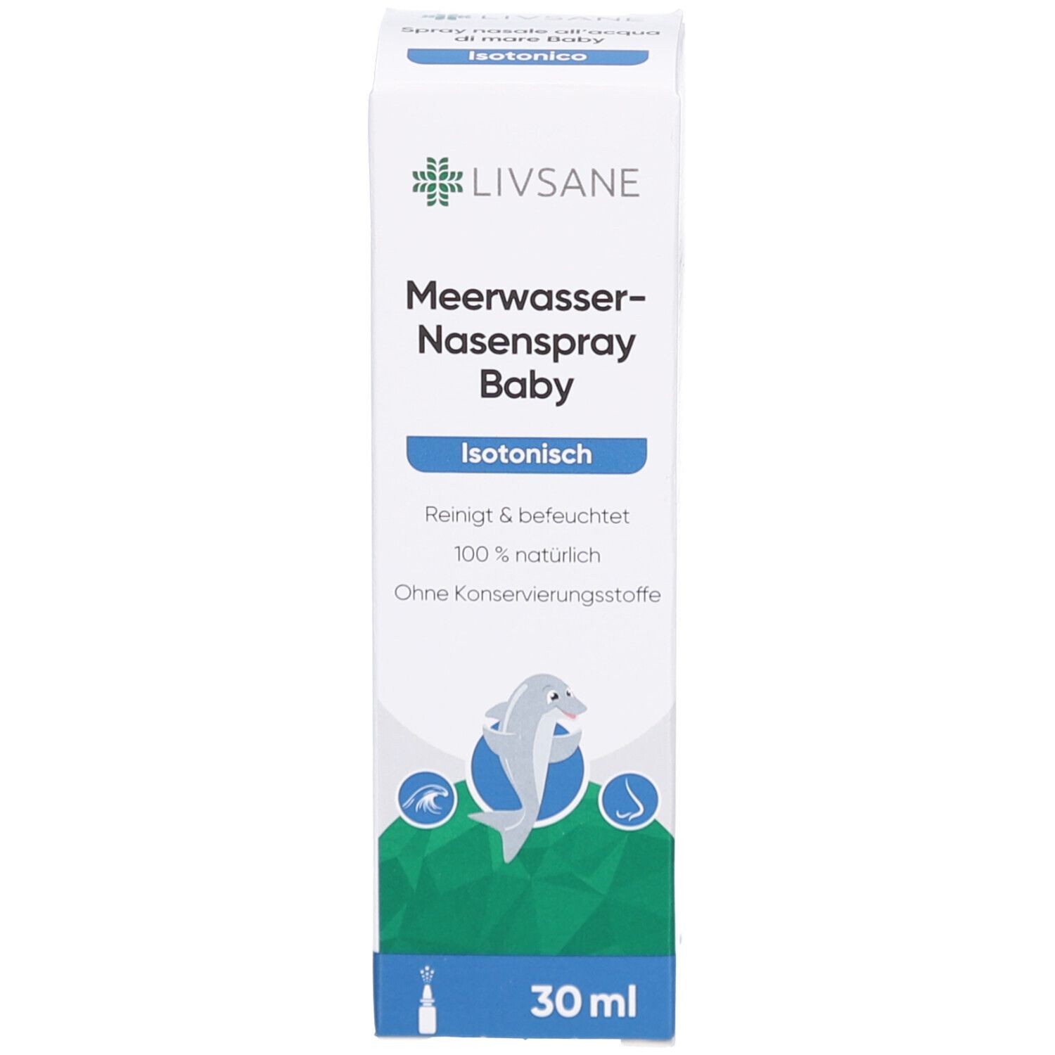 Produktverpackung. Beschriftung: LIVSANE Meerwasser-Nasenspray Baby Isotonisch. 30 ml. Mit Delfin-Illustration.
