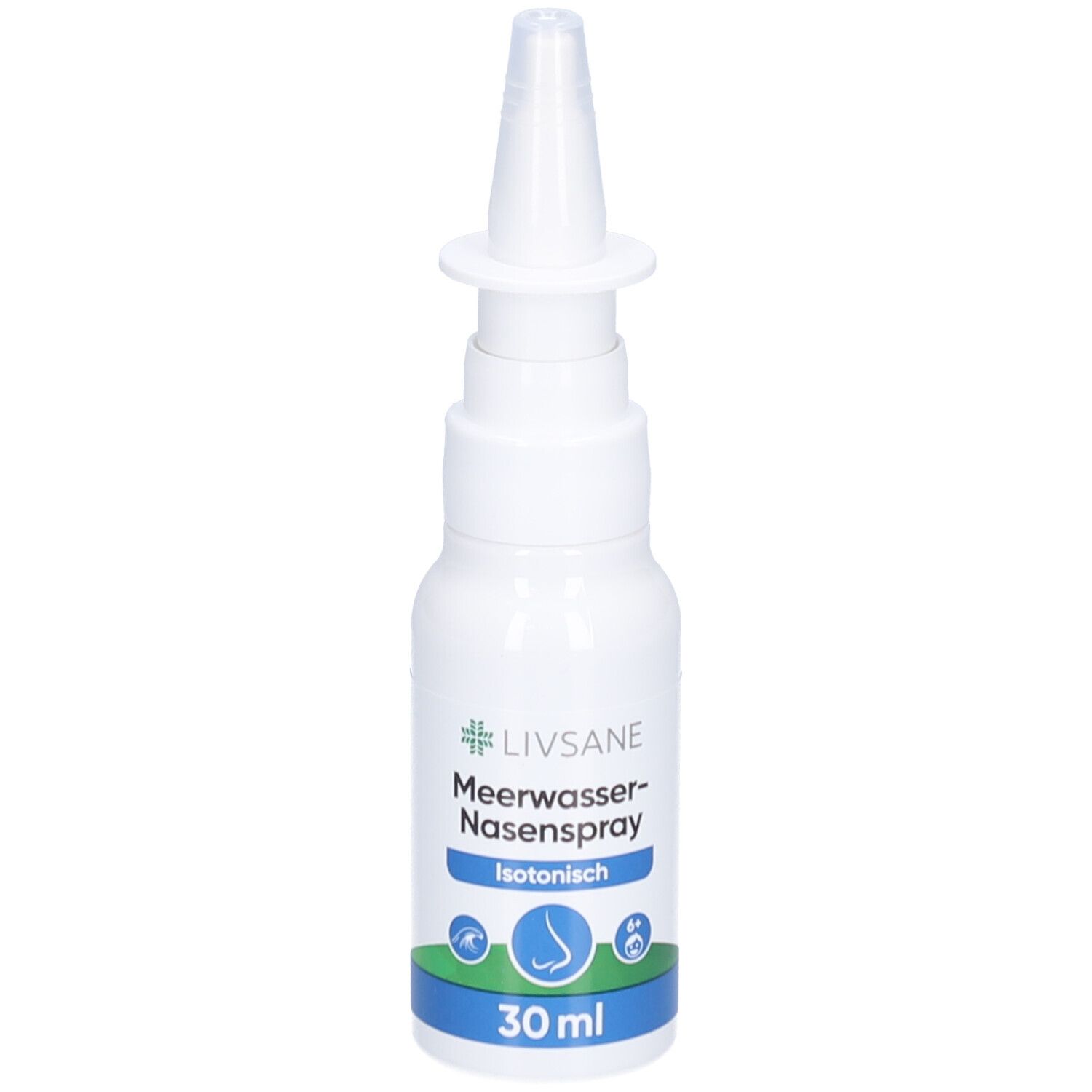 Flacon blanc avec embout spray nasal. Inscription: LIVSANE Spray nasal à l'eau de mer Isotonique. Bandes bleues et vertes. 30 ml.