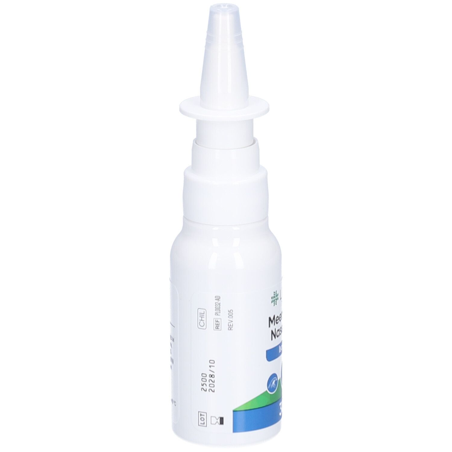 Flacon blanc avec embout spray nasal. Inscription: Spray nasal à l'eau de mer. Détails et numéro de lot. Vue arrière.