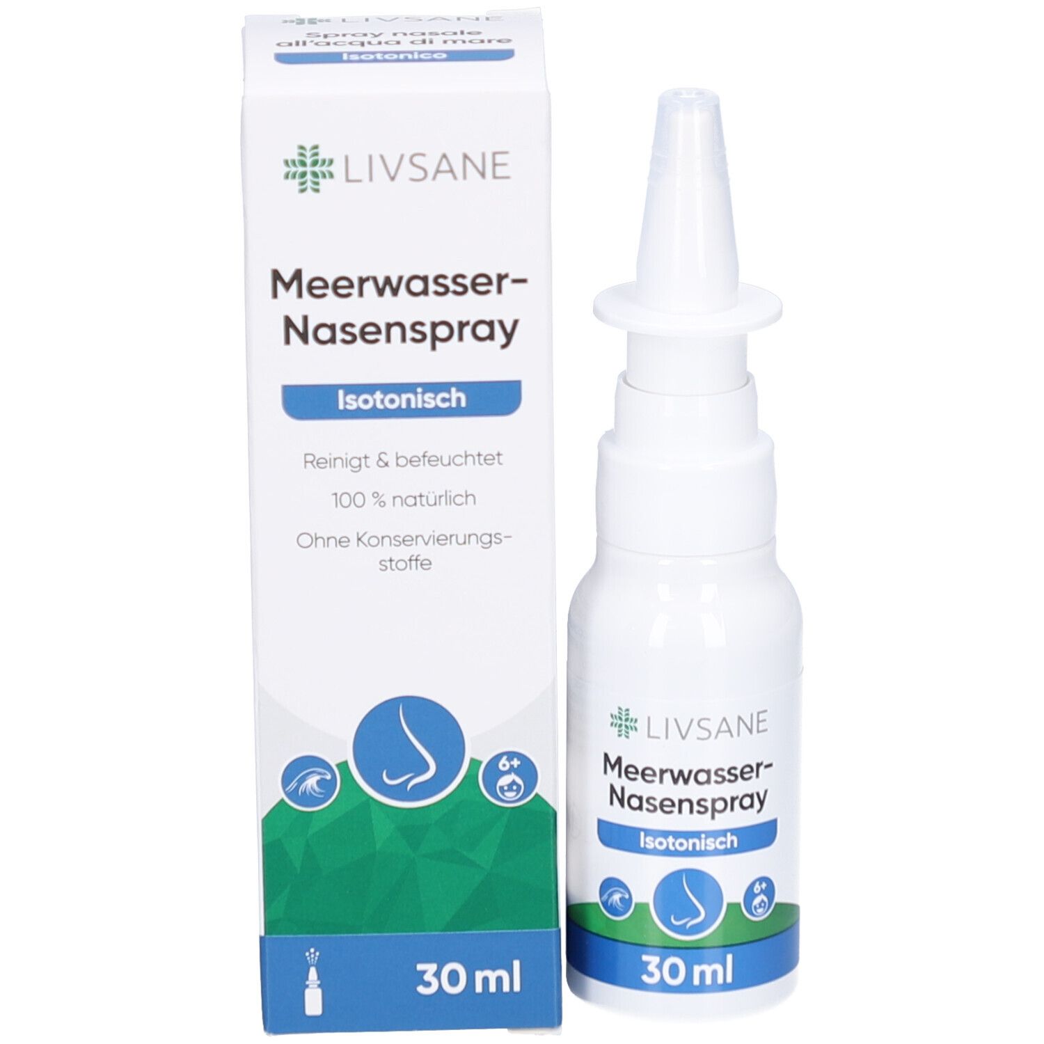 Emballage et flacon. Emballage: LIVSANE Spray nasal à l'eau de mer Isotonique. Flacon: 30 ml. Nettoie et hydrate.