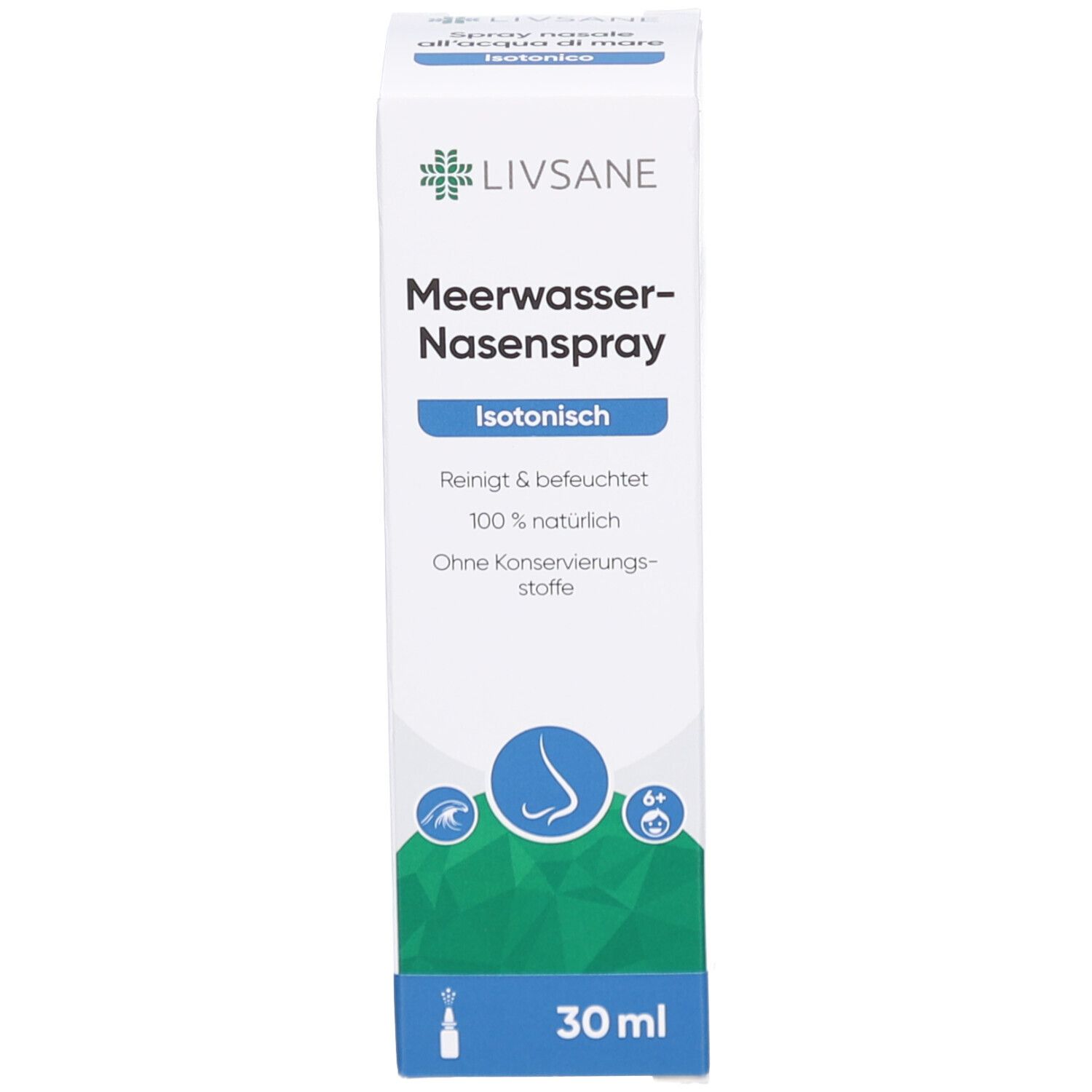 Emballage du produit. Inscription: LIVSANE Spray nasal à l'eau de mer Isotonique. 30 ml. Nettoie et hydrate. 100% naturel.