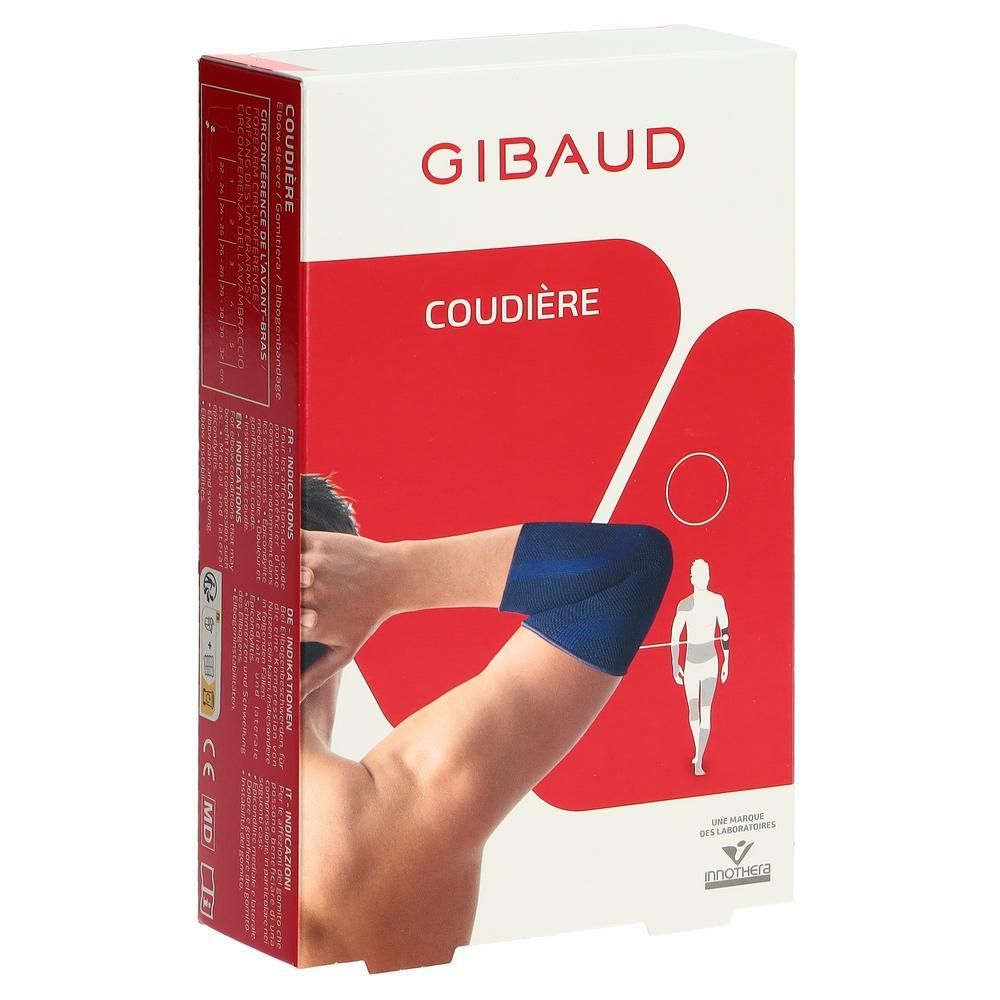 Verpackung mit GIBAUD Ellenbogenschützer. Roter Hintergrund mit Produktabbildung. Text: COUDIÈRE.