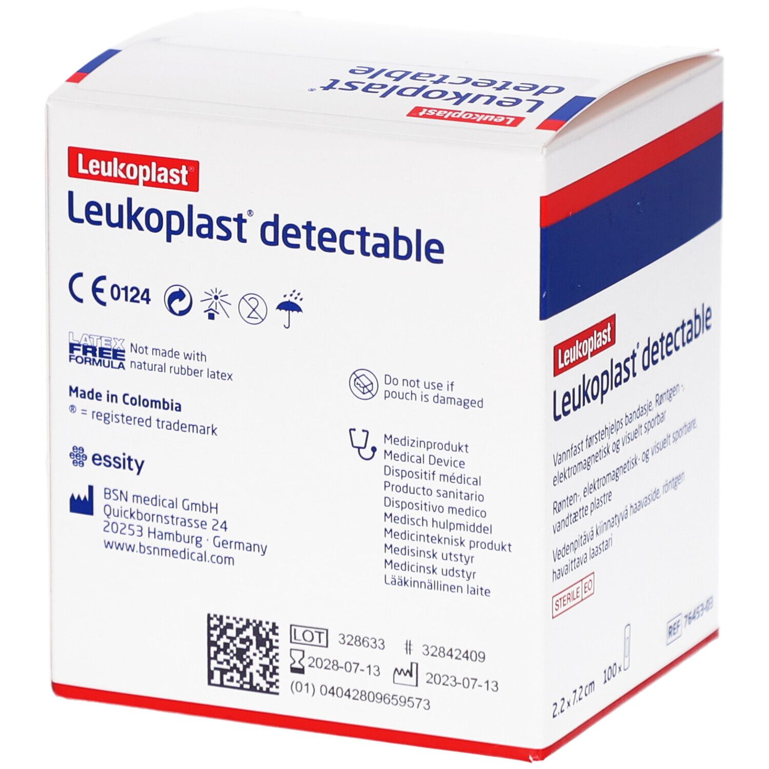 Boîte de pansements Leukoplast detectable. Informations produit et certifications visibles. Stérile.