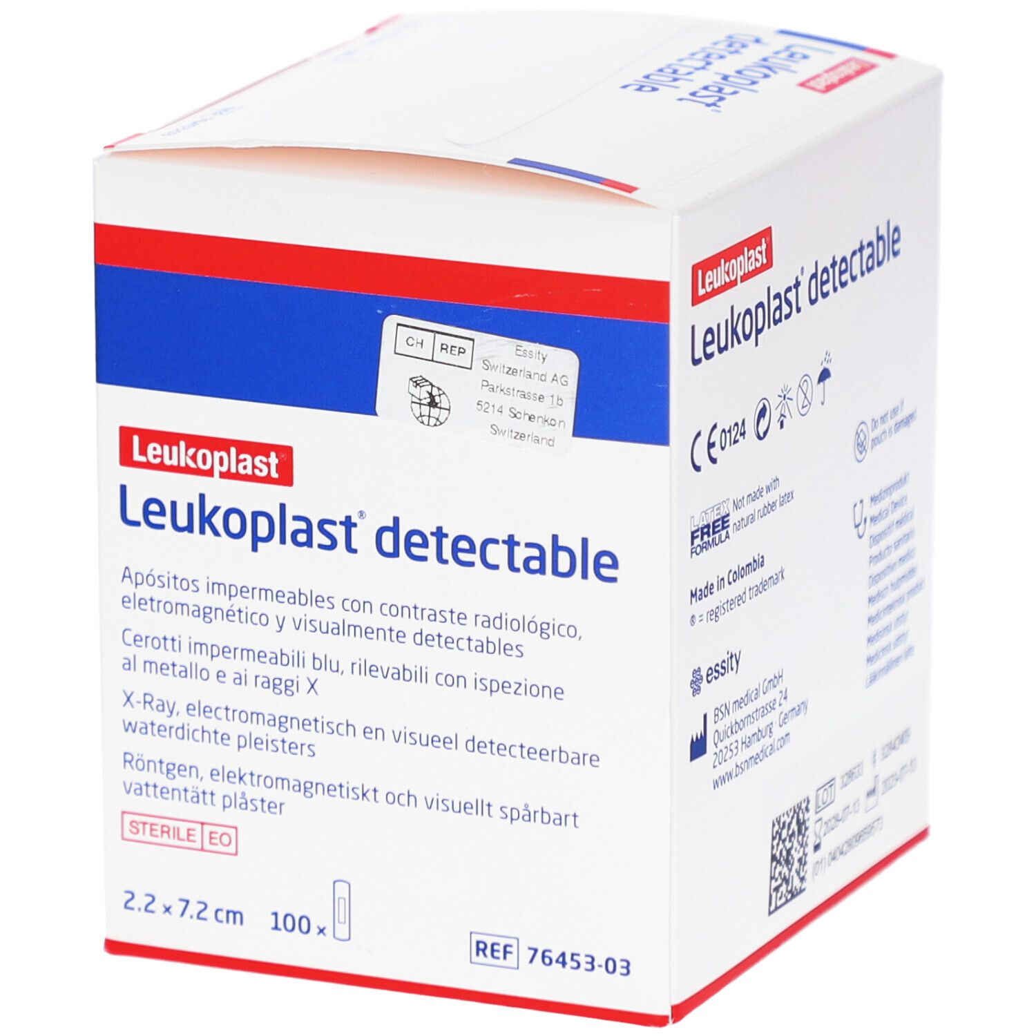 Boîte de pansements Leukoplast detectable. Informations produit visibles. Dimensions : 2,2x7,2cm, 100 pièces. Stérile.
