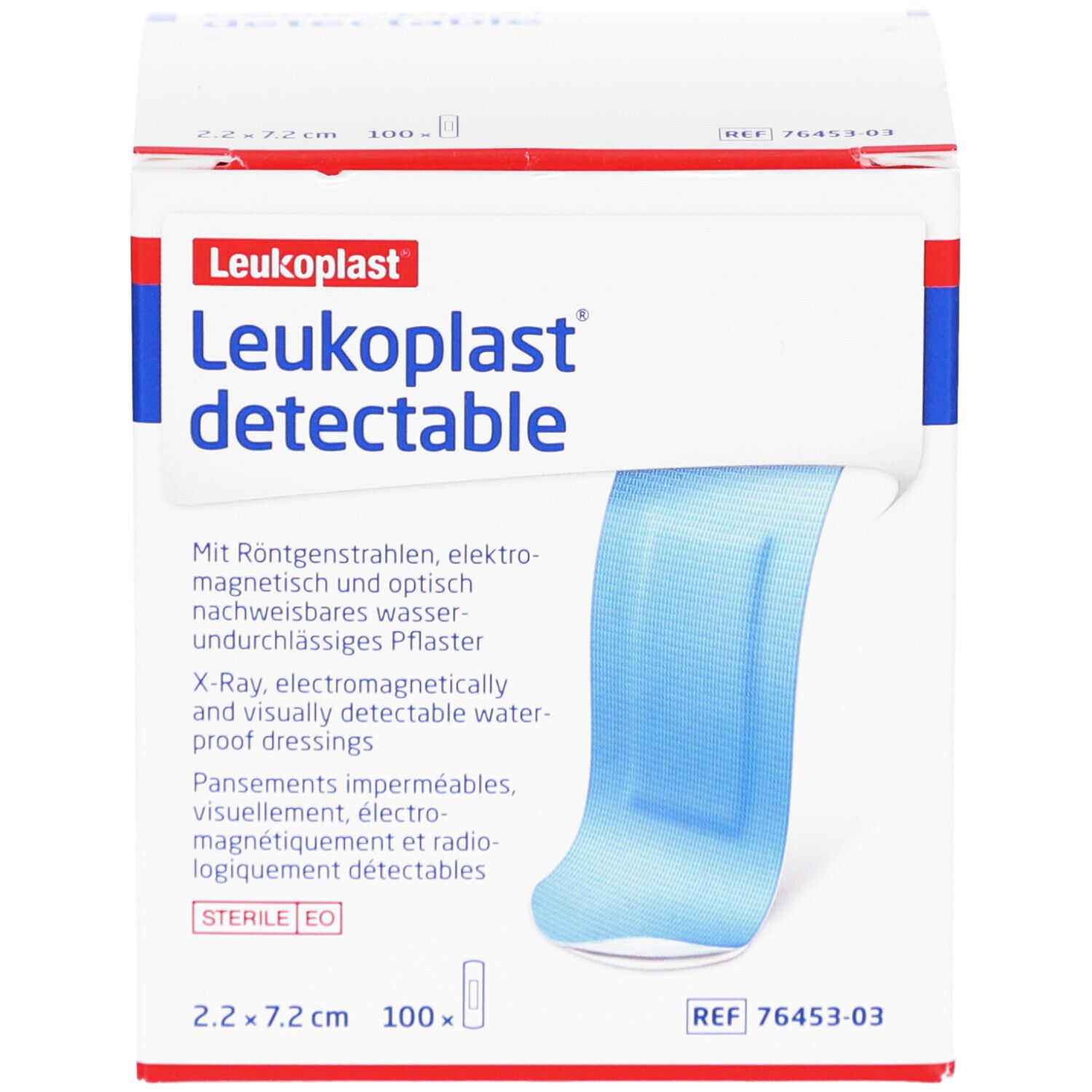 Boîte de pansements Leukoplast detectable. Pansements bleus visibles. Dimensions : 2,2x7,2cm, 100 pièces. Stérile.