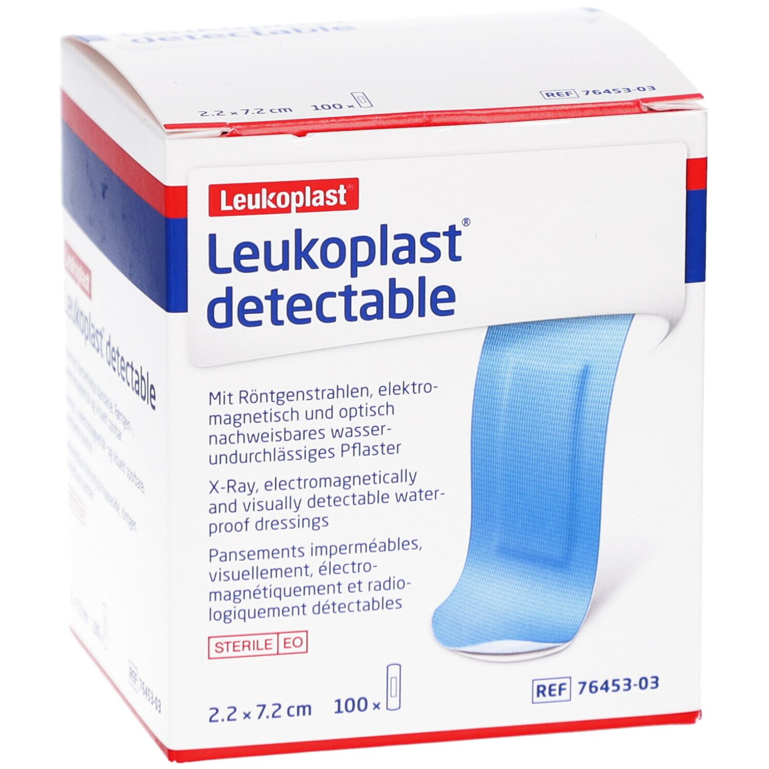 Boîte de pansements Leukoplast detectable. Pansements bleus visibles. Dimensions : 2,2x7,2cm, 100 pièces. Stérile.