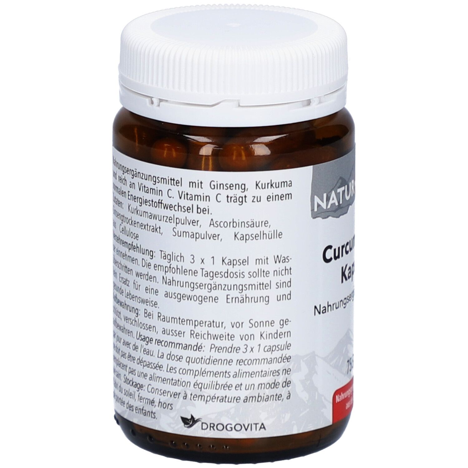 Flacon brun à bouchon blanc. Dos avec texte. Inscription: Curcuma Plus Kapseln, complément alimentaire. 75 pièces.