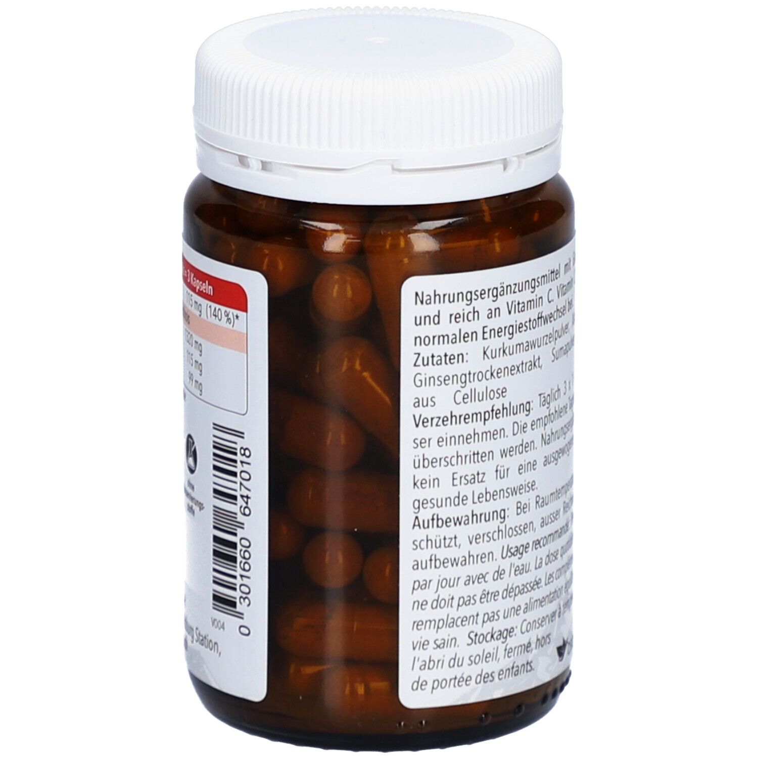 Flacon brun à bouchon blanc. Gélules visibles. Inscription: Curcuma Plus Kapseln, complément alimentaire. 75 pièces.