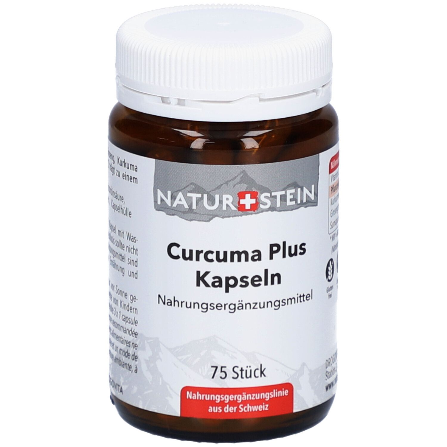 Flacon brun à bouchon blanc. Inscription: NATUR+STEIN, Curcuma Plus Kapseln, complément alimentaire. 75 pièces.