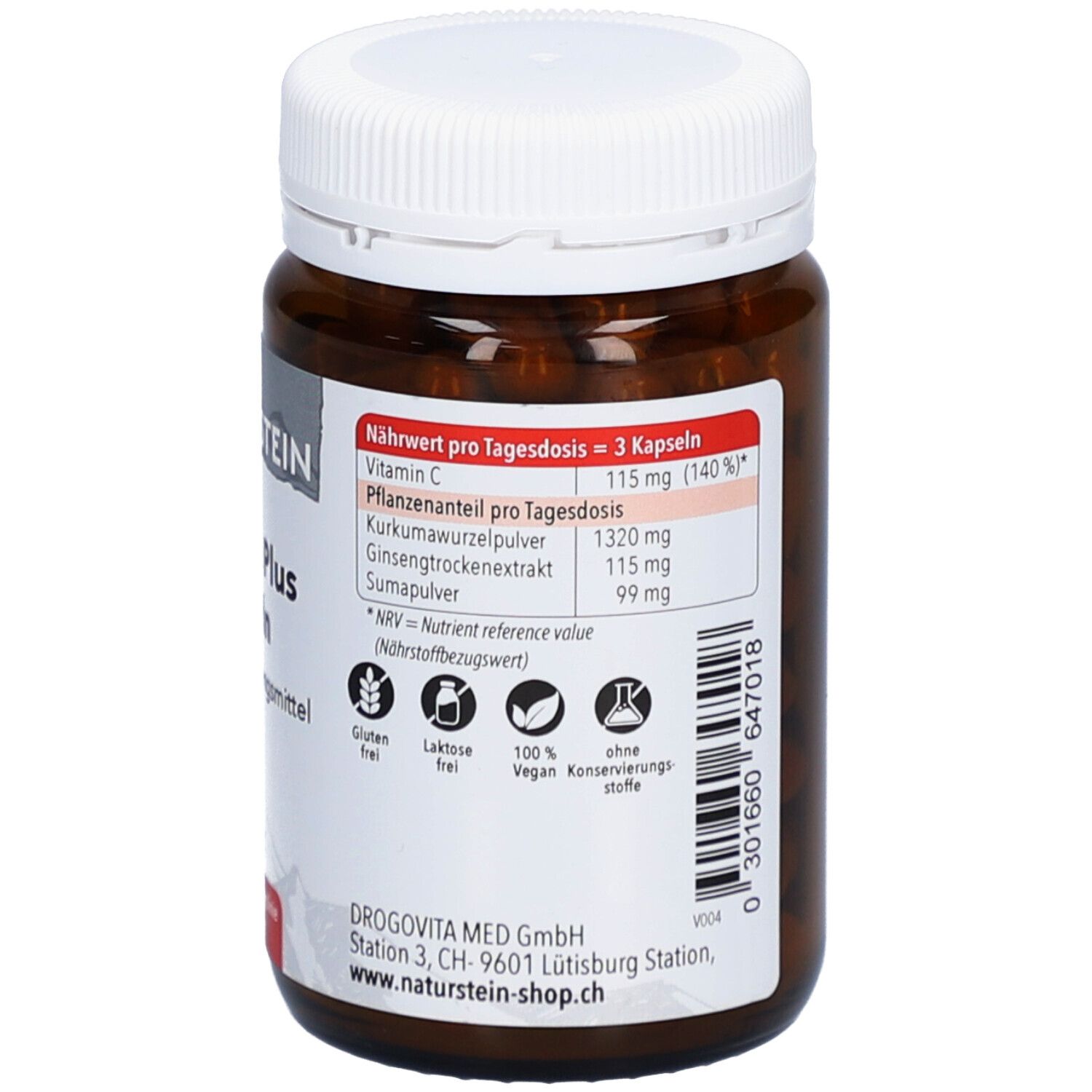 Flacon brun à bouchon blanc. Inscription: NATUR+STEIN, Curcuma Plus Kapseln. Informations nutritionnelles par dose. Sans gluten, sans lactose.