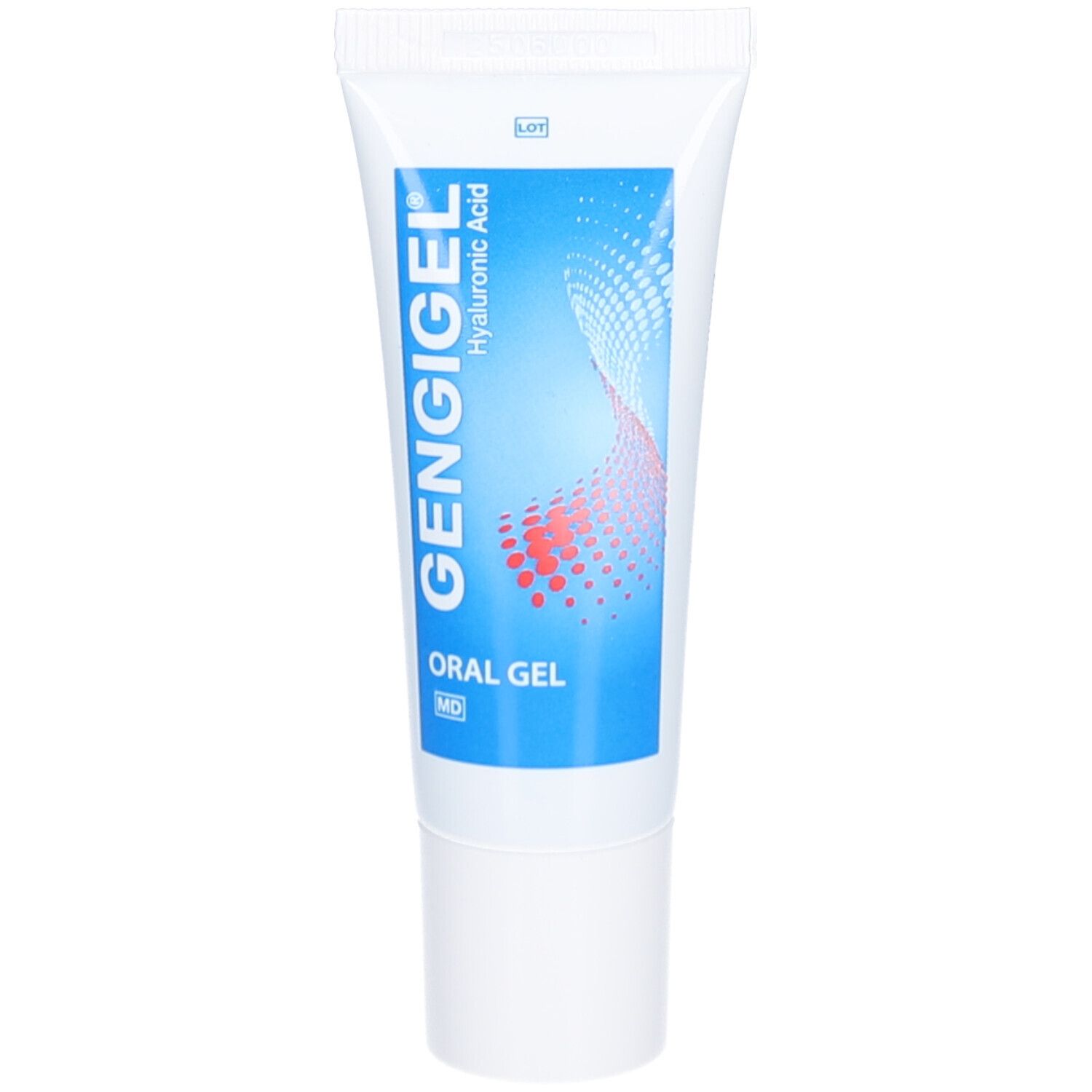 Tube blanche avec étiquette bleue. Inscription GENGIGEL, Acide hyaluronique, Oral Gel. Graphique rouge et bleu.