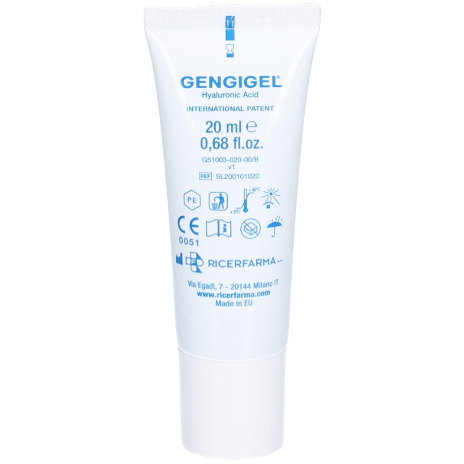 Tube blanche avec texte bleu. Inscription GENGIGEL, Acide hyaluronique, 20 ml, 0,68 fl.oz. Divers symboles.