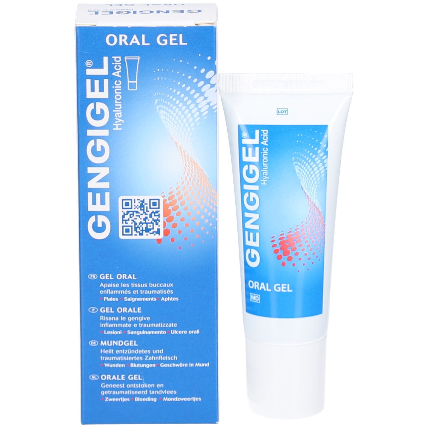 Emballage du produit : tube et boîte. Inscription GENGIGEL, Oral Gel. Boîte bleue avec code QR et texte.