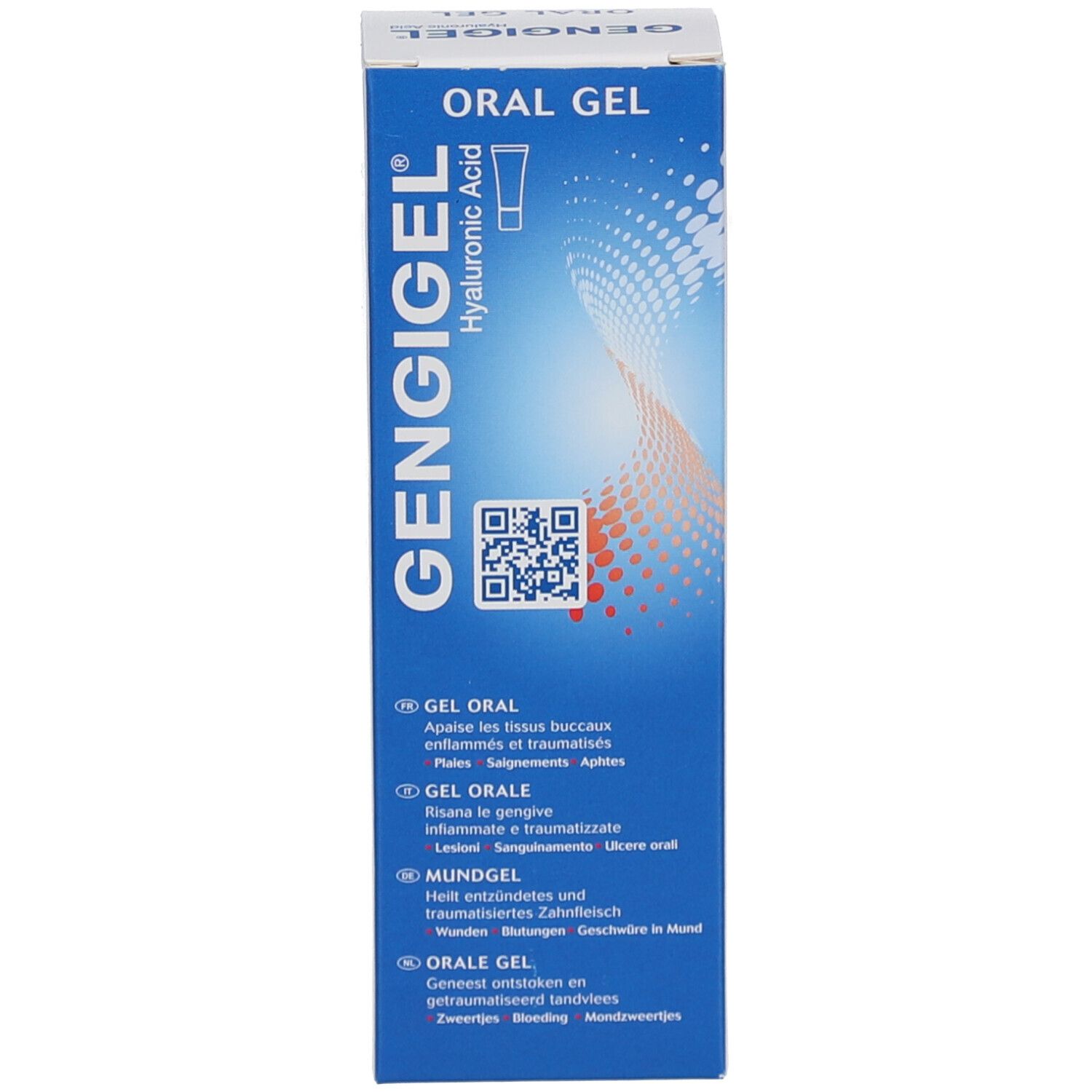 Emballage produit bleu. Inscription GENGIGEL, Oral Gel. Code QR et texte en plusieurs langues.