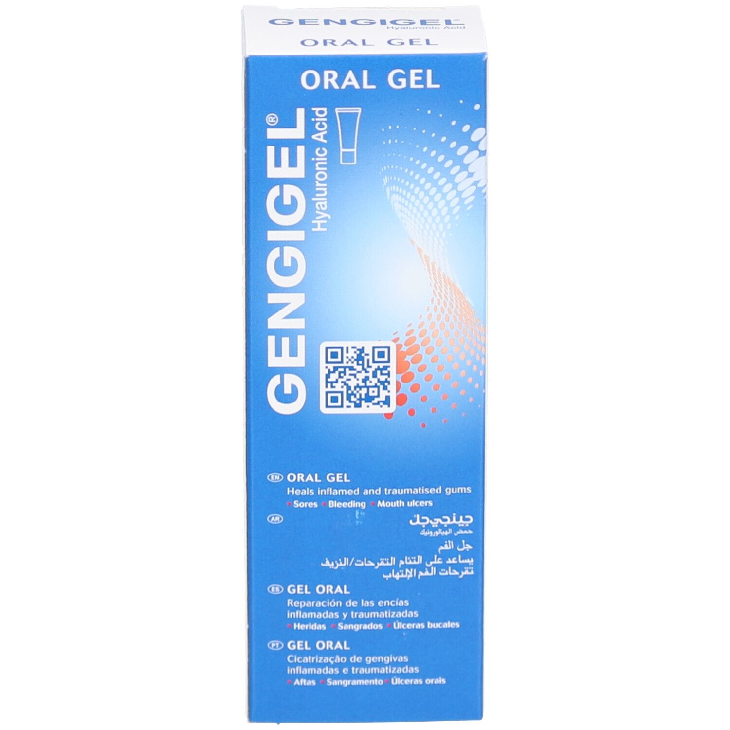 Emballage produit bleu. Inscription GENGIGEL, Oral Gel, Acide hyaluronique. Texte multilingue.