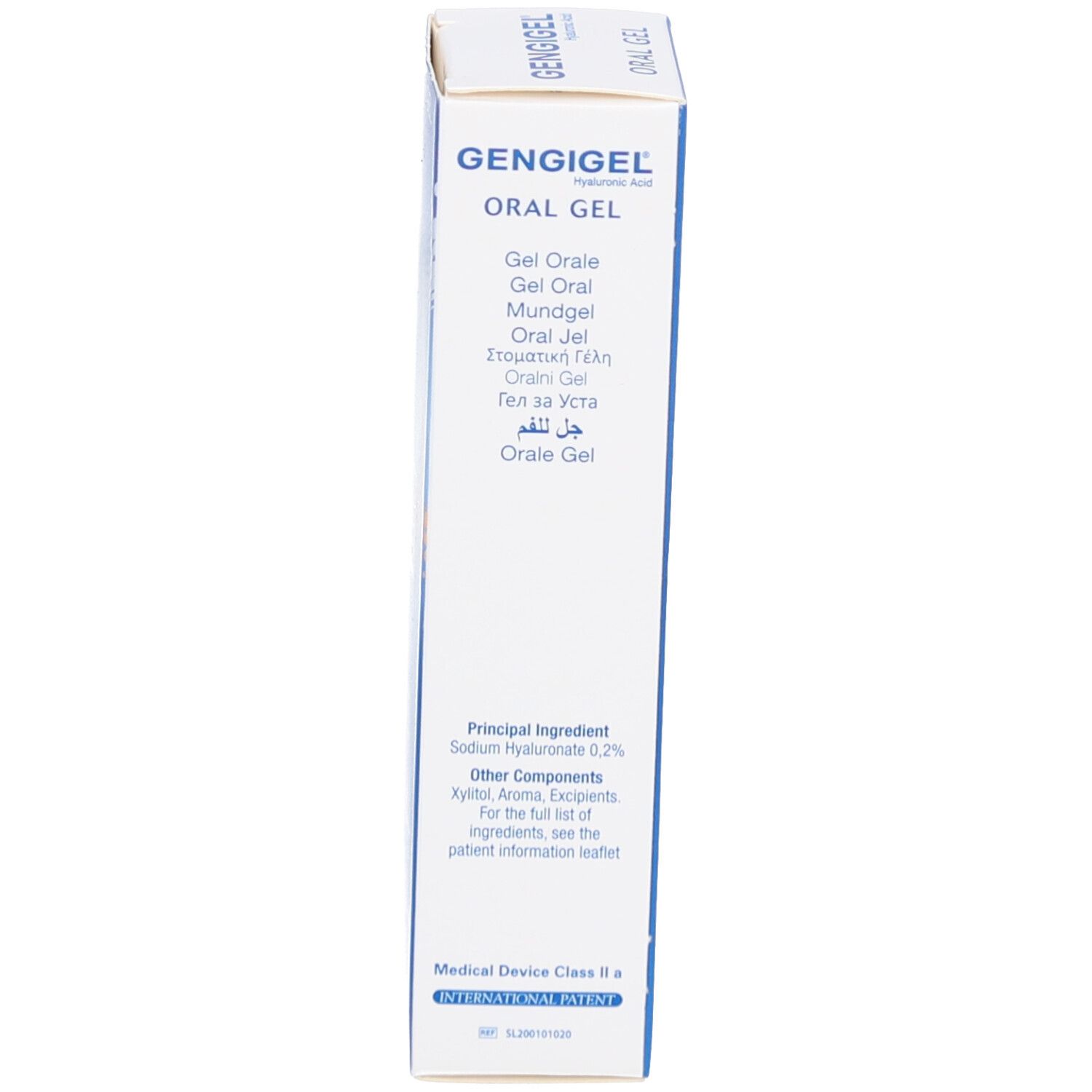 Emballage produit bleu. Inscription GENGIGEL, Oral Gel. Texte avec ingrédients et certification.