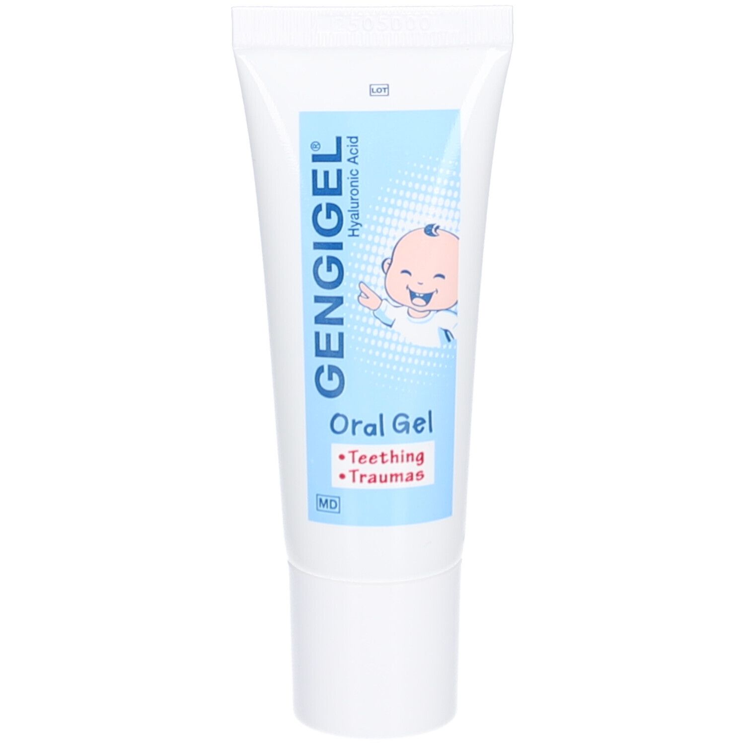 Tube blanche avec étiquette bleue. Inscription: GENGIGEL, Oral Gel, illustration bébé. Contient de l'acide hyaluronique.