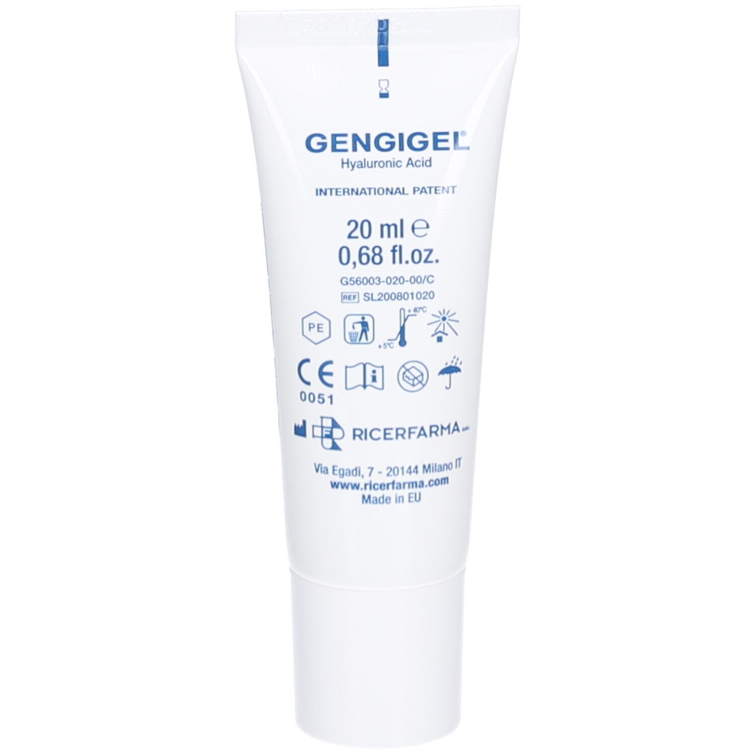 Tube blanc, verso. Inscription: GENGIGEL, 20 ml, 0,68 fl.oz. Avec symboles et adresse du fabricant.