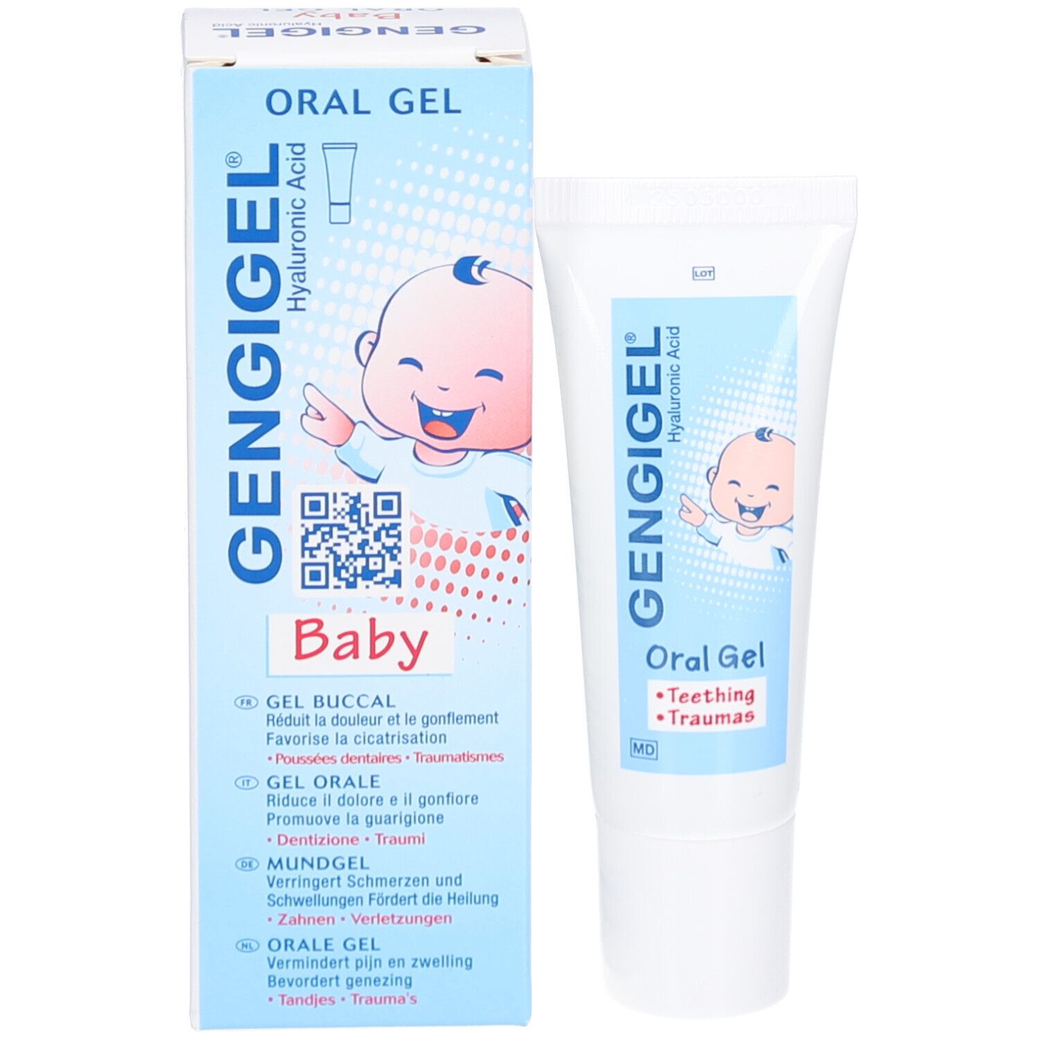 Emballage produit avec tube. Inscription: GENGIGEL, Oral Gel, Baby. Illustration bébé. Avec code QR et informations produit.