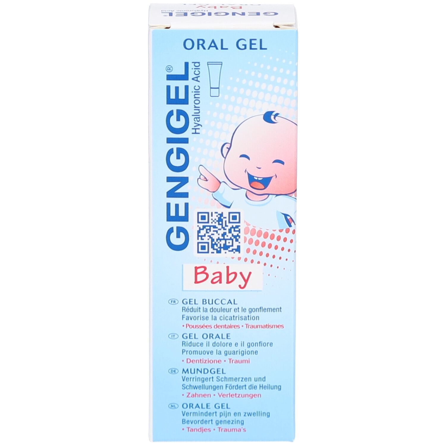 Emballage produit, face avant. Inscription: GENGIGEL, Oral Gel, Baby. Illustration bébé. Avec code QR et informations produit.