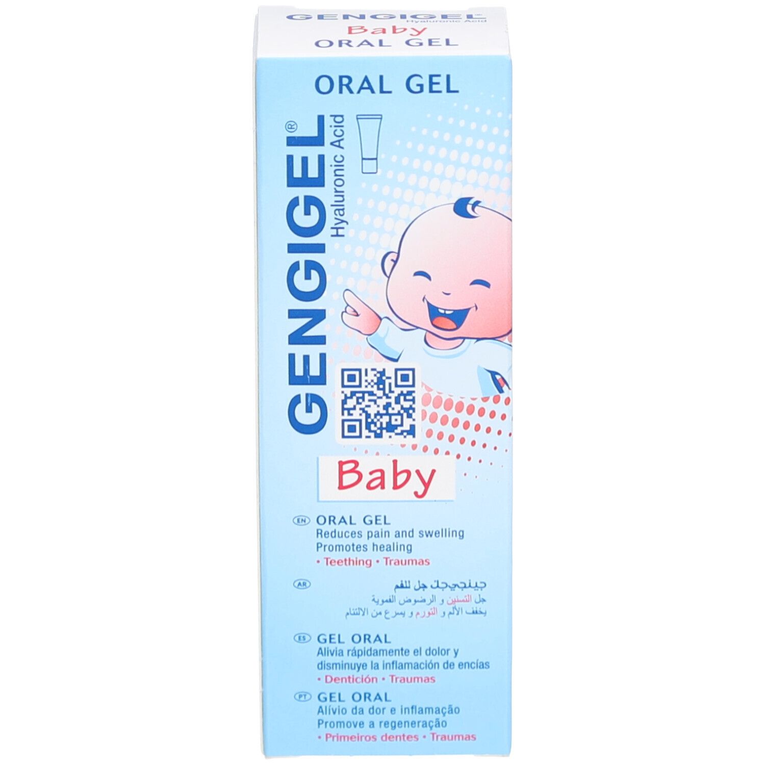 Emballage produit, face avant. Inscription: GENGIGEL, Oral Gel, Baby. Avec informations produit en plusieurs langues.