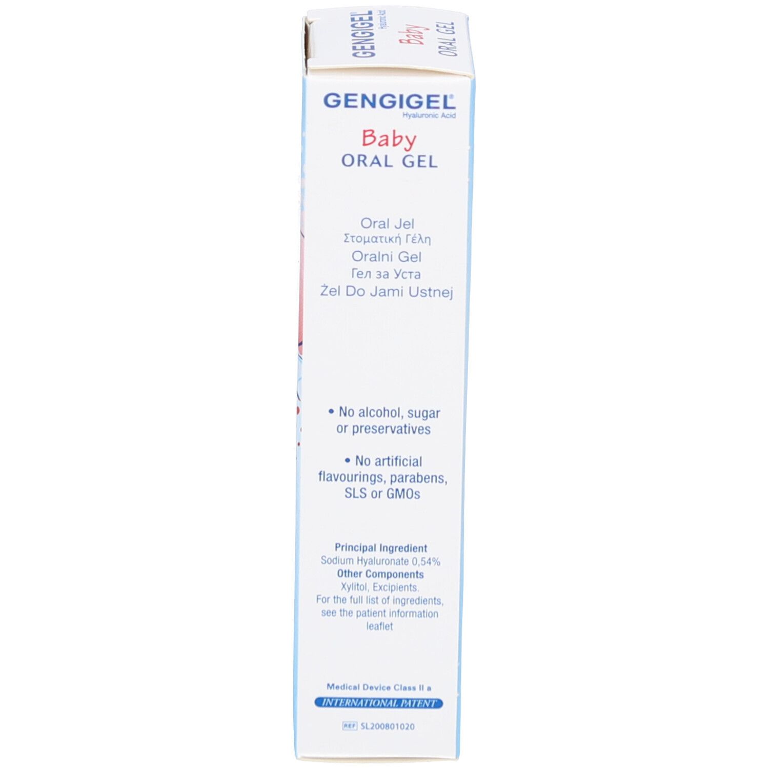 Emballage produit, verso. Inscription: GENGIGEL, Oral Gel, Baby. Ingrédients et autres informations.