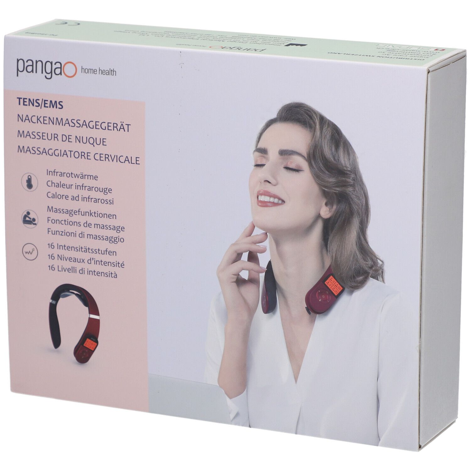 Emballage du masseur de nuque PANGAO TENS/EMS. Impression : image du produit, nom, fonctions, femme avec l'appareil.