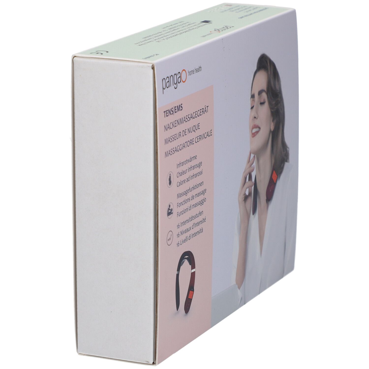 Vue latérale de l'emballage du masseur de nuque PANGAO TENS/EMS. Impression : nom du produit, fonctions, femme avec l'appareil.