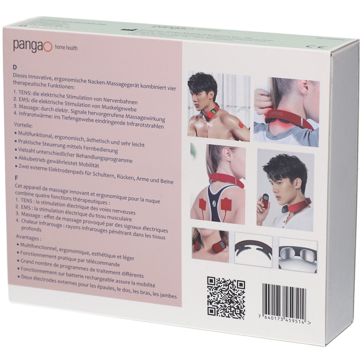 Dos de l'emballage du masseur de nuque PANGAO TENS/EMS. Texte : description du produit, fonctions, illustrations.