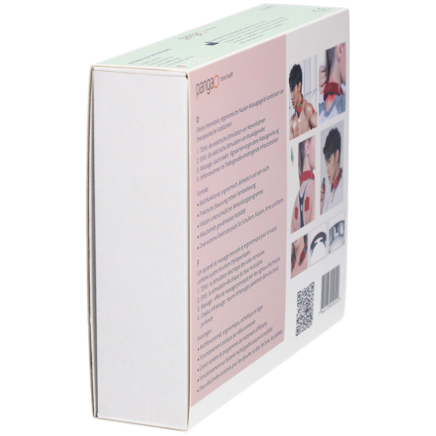 Vue latérale de l'emballage du masseur de nuque PANGAO TENS/EMS. Texte : description du produit, fonctions, illustrations.