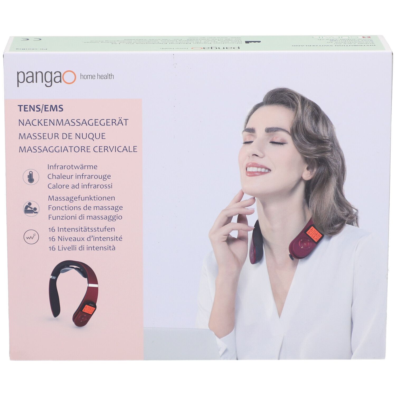 Emballage du masseur de nuque PANGAO TENS/EMS. Impression : image du produit, nom, fonctions, femme avec l'appareil.