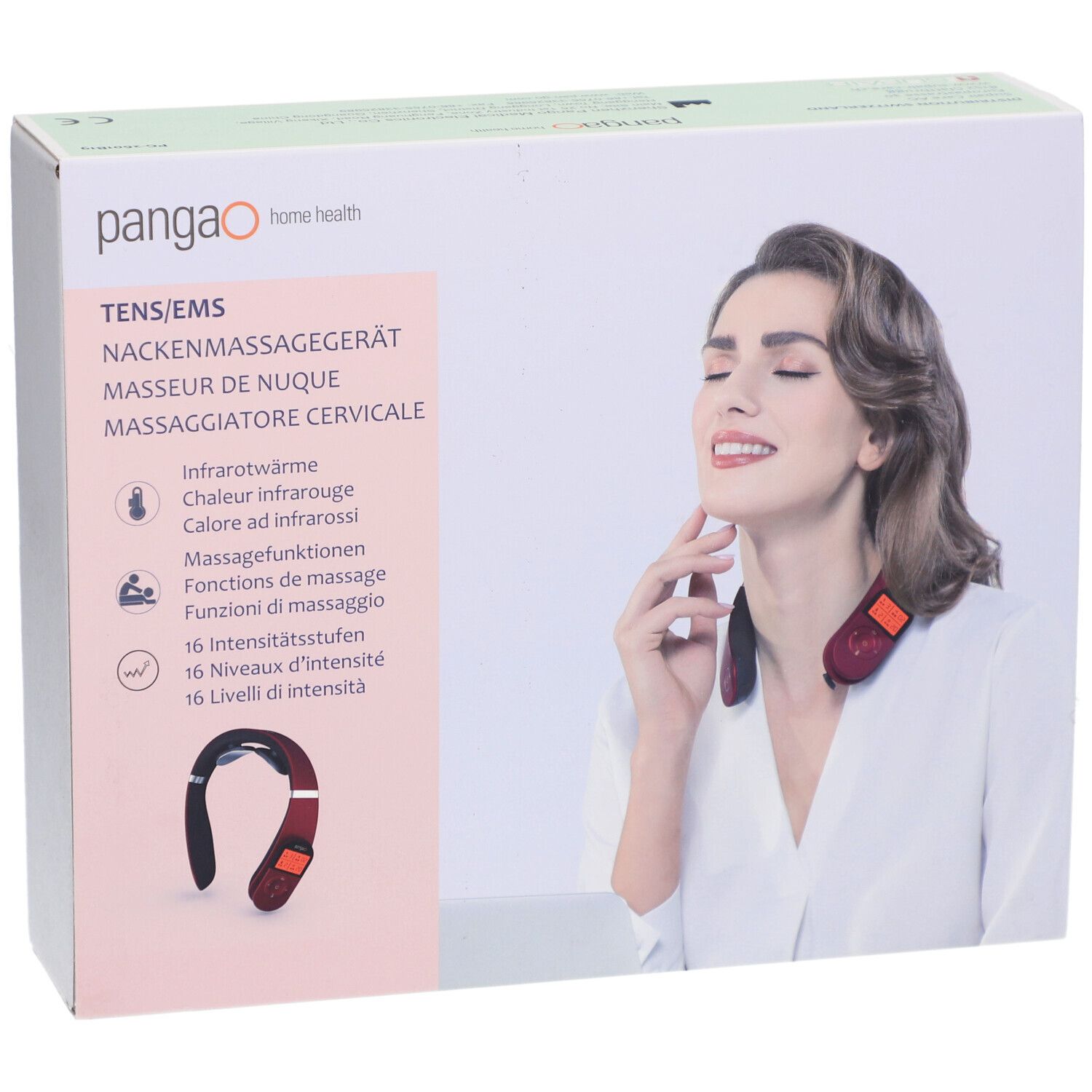 Emballage du masseur de nuque PANGAO TENS/EMS. Impression : image du produit, nom, fonctions, femme avec l'appareil.