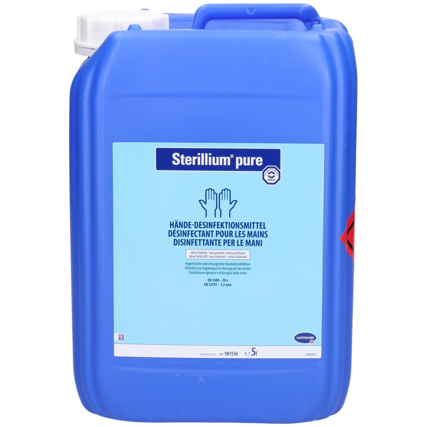 Bidon bleu avec poignée et bouchon blanc. Inscription: Sterillium pure. Désinfectant pour les mains. 5 litres.