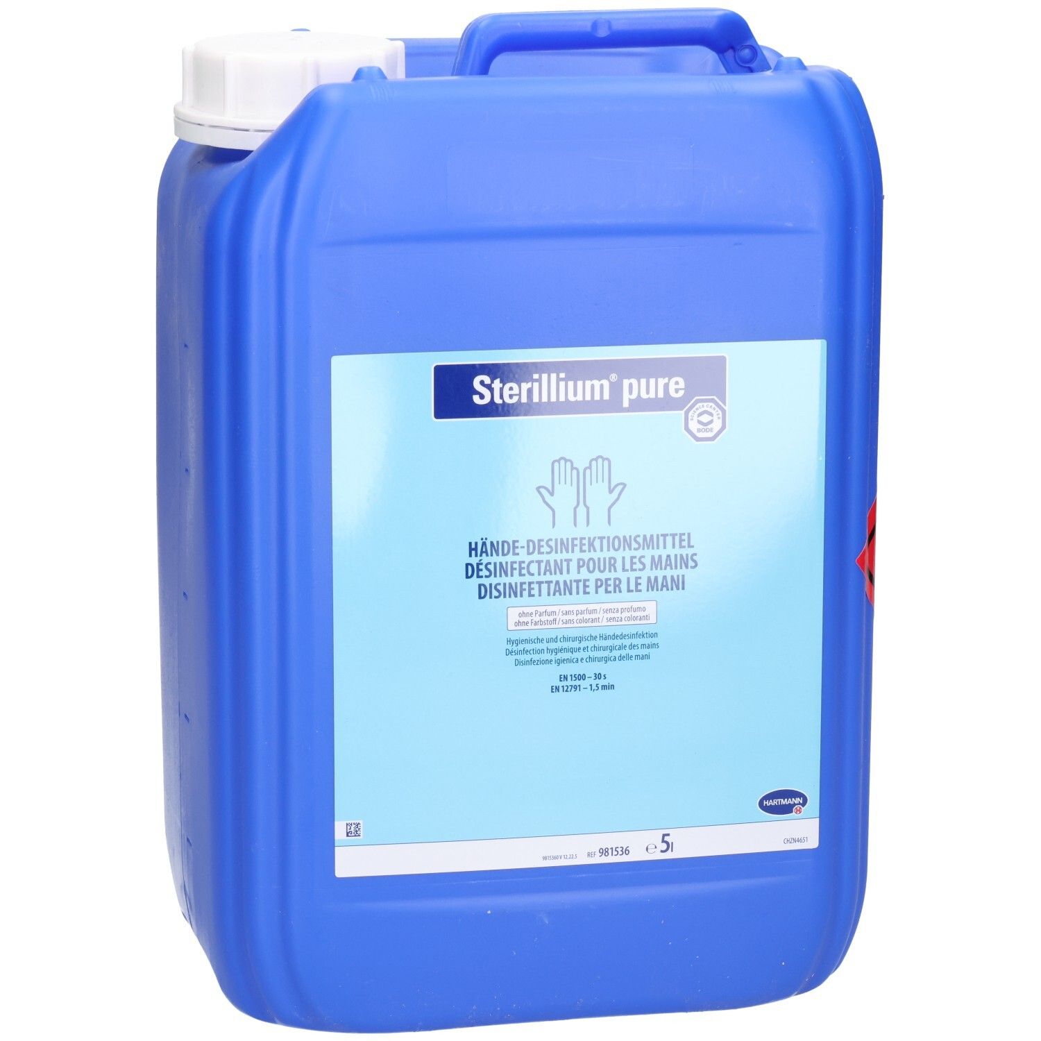 Bidon bleu avec poignée et bouchon blanc. Inscription: Sterillium pure. Désinfectant pour les mains. 5 litres.