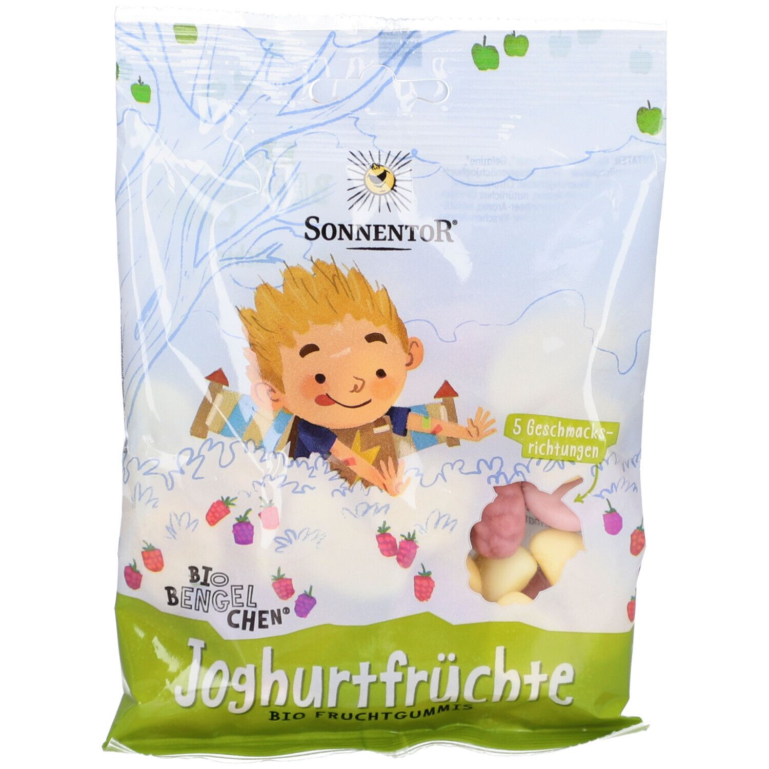 Beutel mit SonnentoR BIO Bengelchen Joghurtfrüchte. Abbildung eines Kindes, Früchte und Produktbezeichnung. 5 Geschmacksrichtungen.