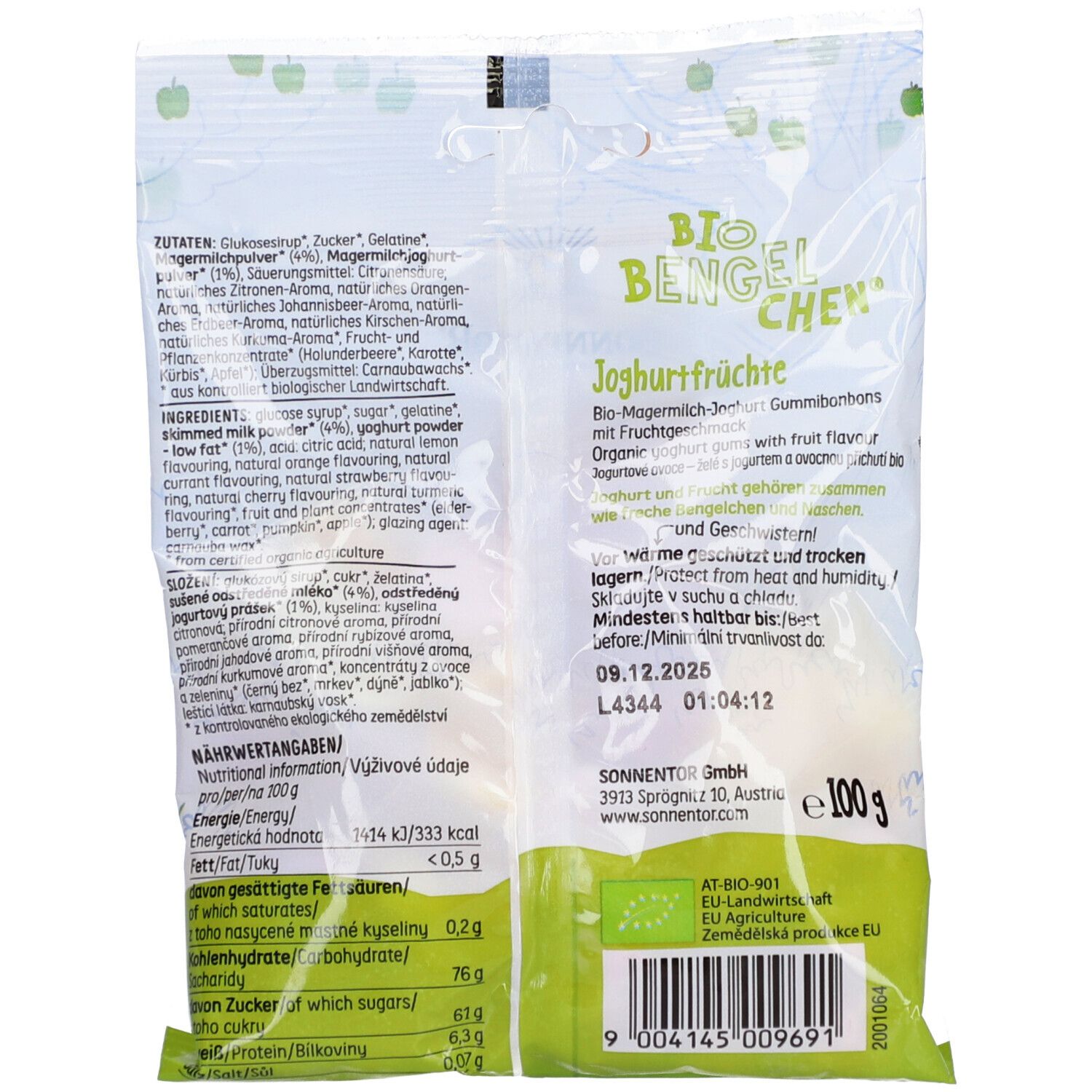 Rückseite der Verpackung von SonnentoR BIO Bengelchen Joghurtfrüchte. Zutatenliste, Nährwertangaben, Mindesthaltbarkeit und Logo.