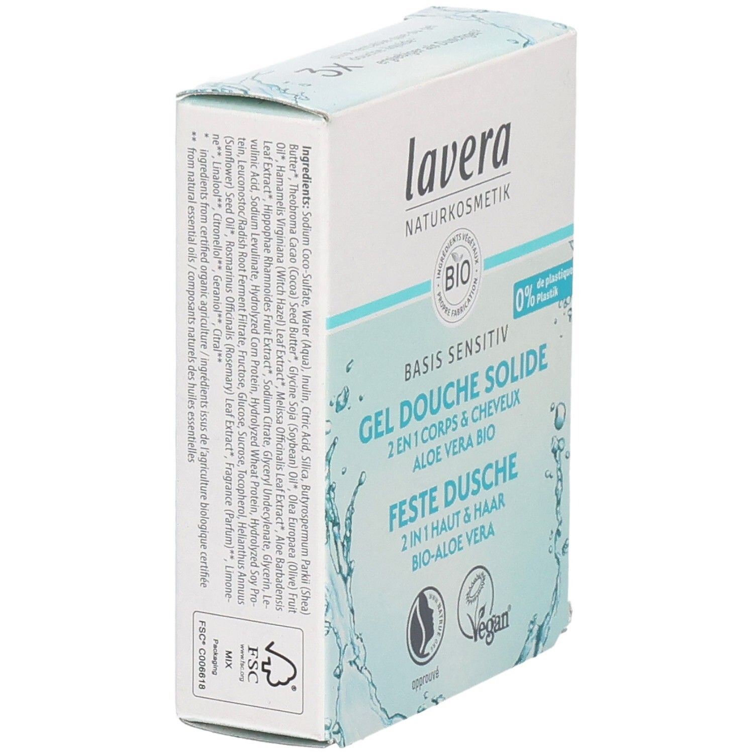 Boîte avec ingrédients et informations produit. Inscriptions: lavera, Basis Sensitiv, Gel Douche Solide. Certifié FSC.