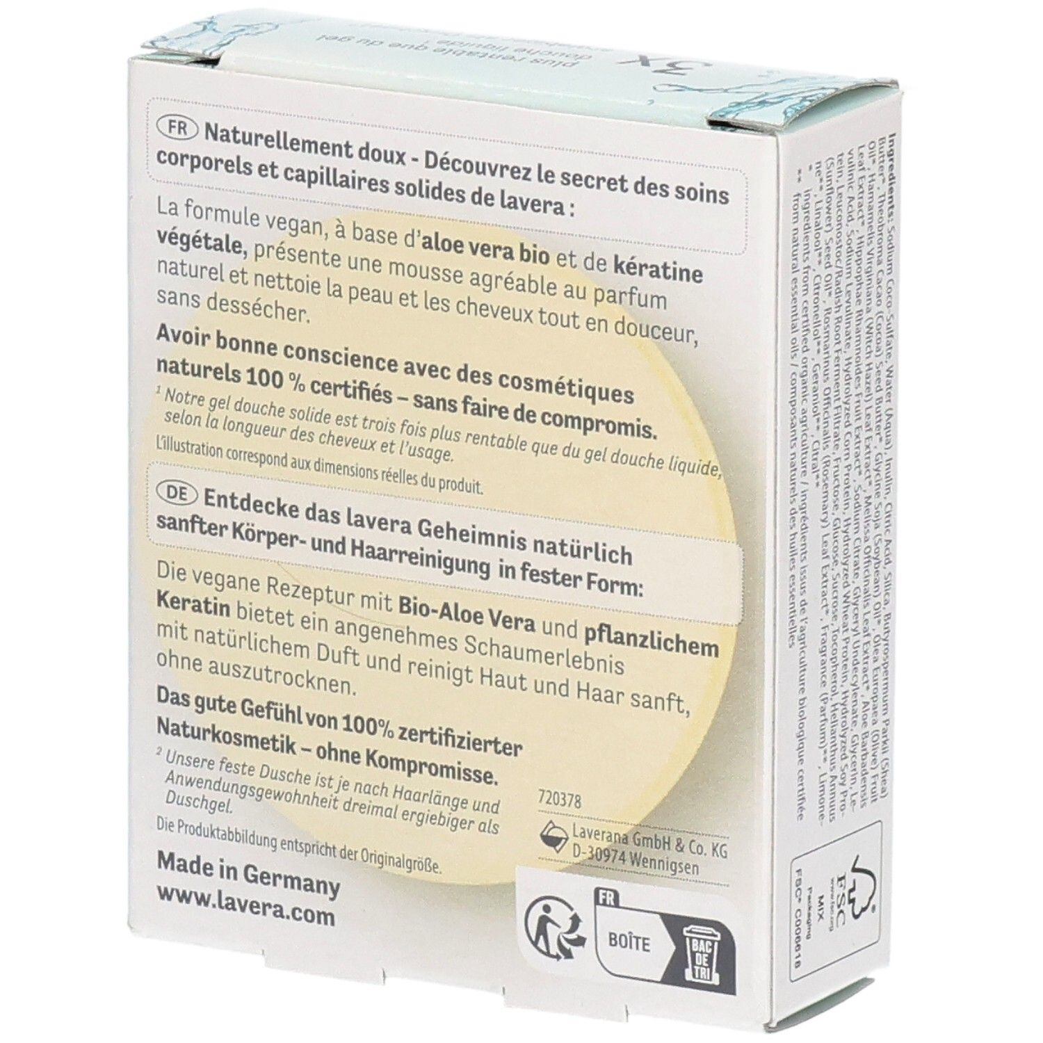 Dos de l'emballage du produit avec texte. Contient des informations sur le produit et des certifications. Logo Vegan.