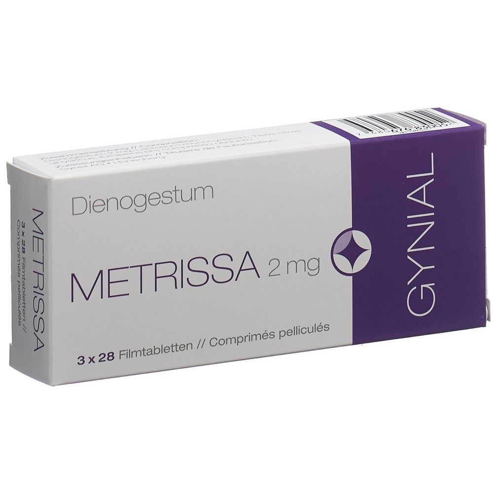 Kartonverpackung mit der Aufschrift METRISSA Filmtabl 2 mg. Die Verpackung ist weiß mit lila Akzenten.